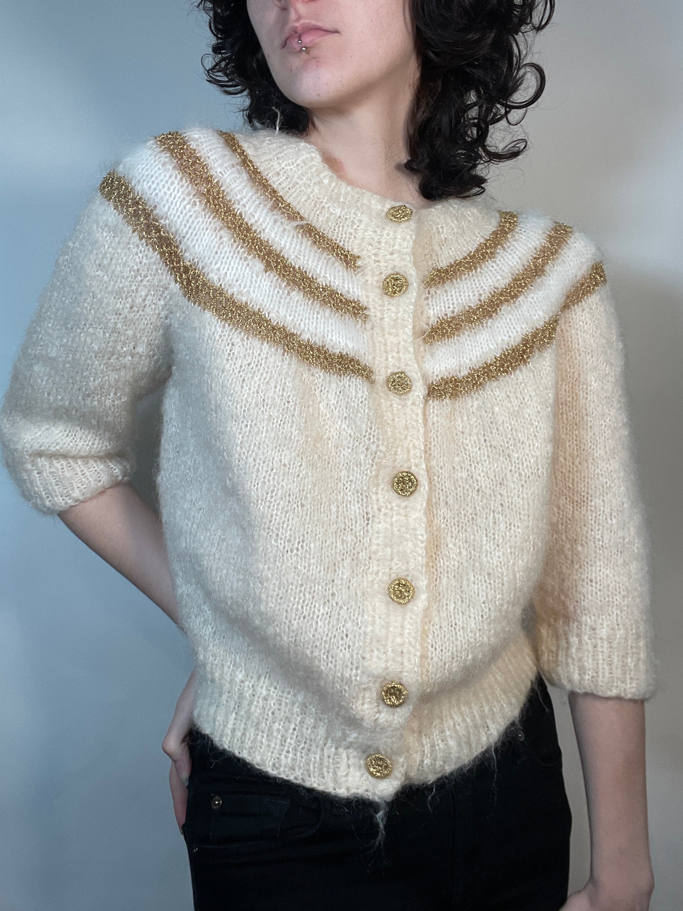 Vtg 60s White MOHAIR & GOLD Cardigan