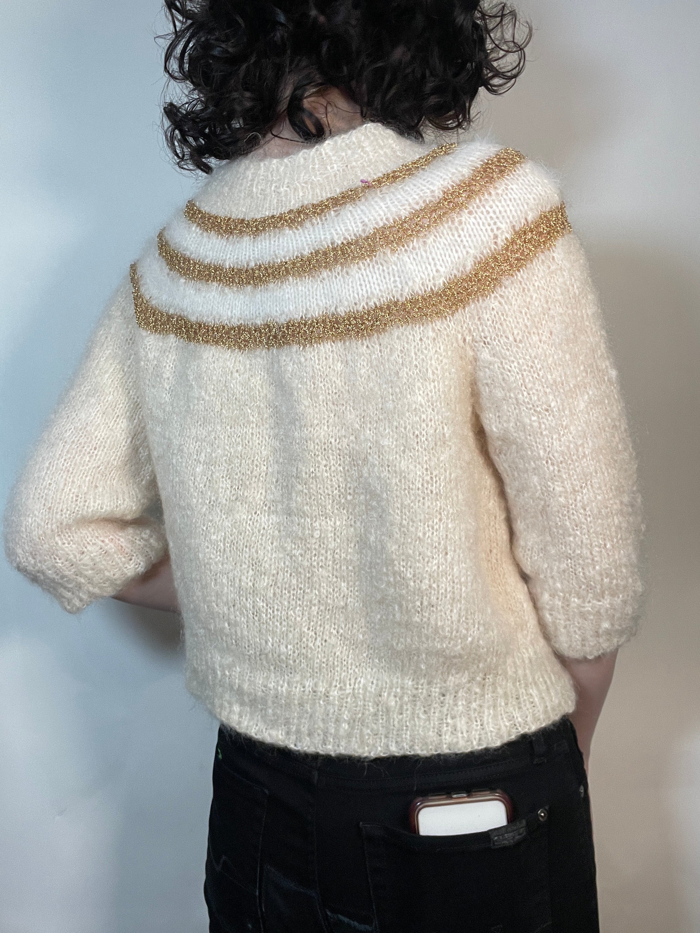 Vtg 60s White MOHAIR & GOLD Cardigan