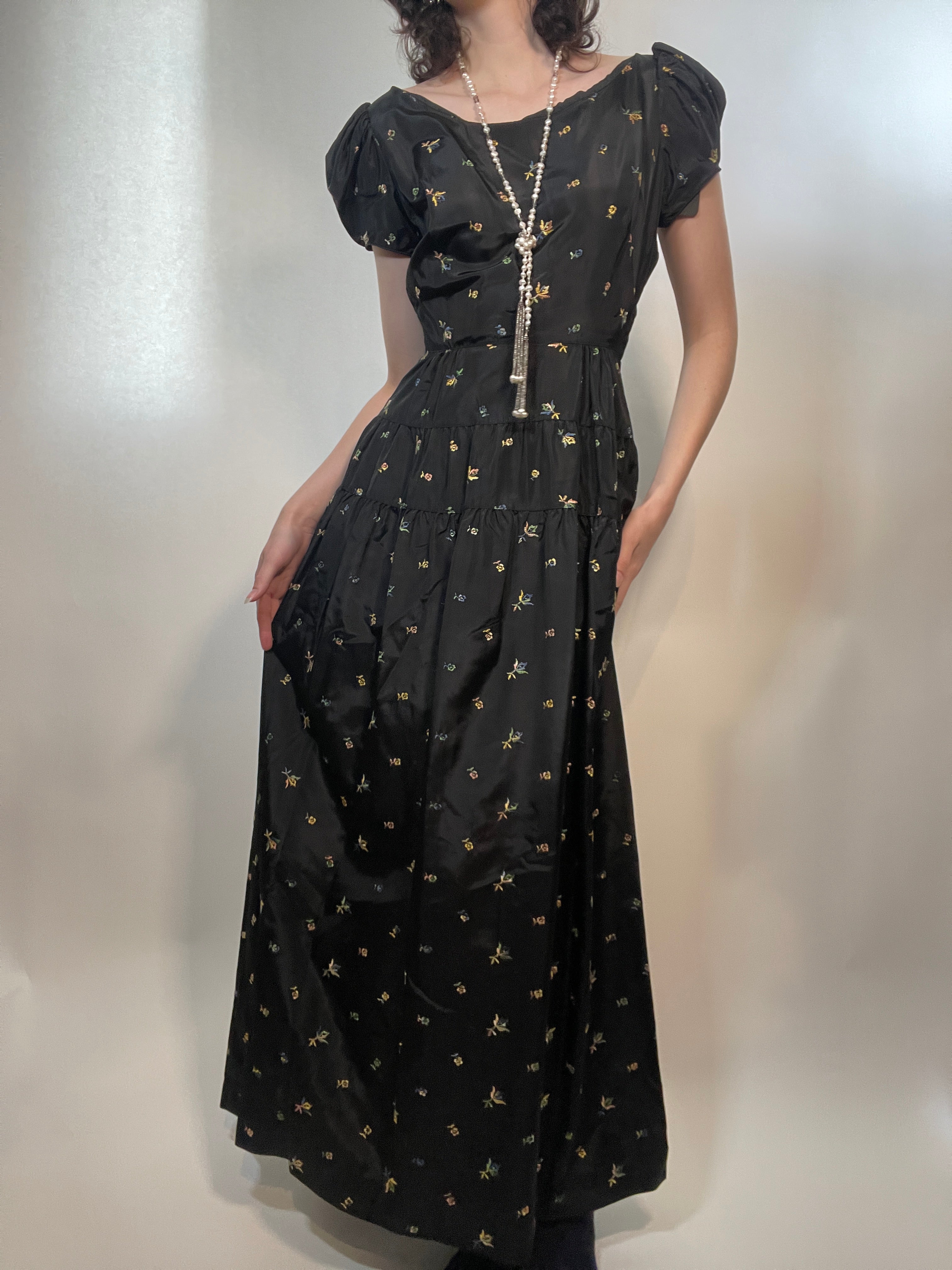 Vtg 40s Embroidered Taffeta Party Dress Early 40s