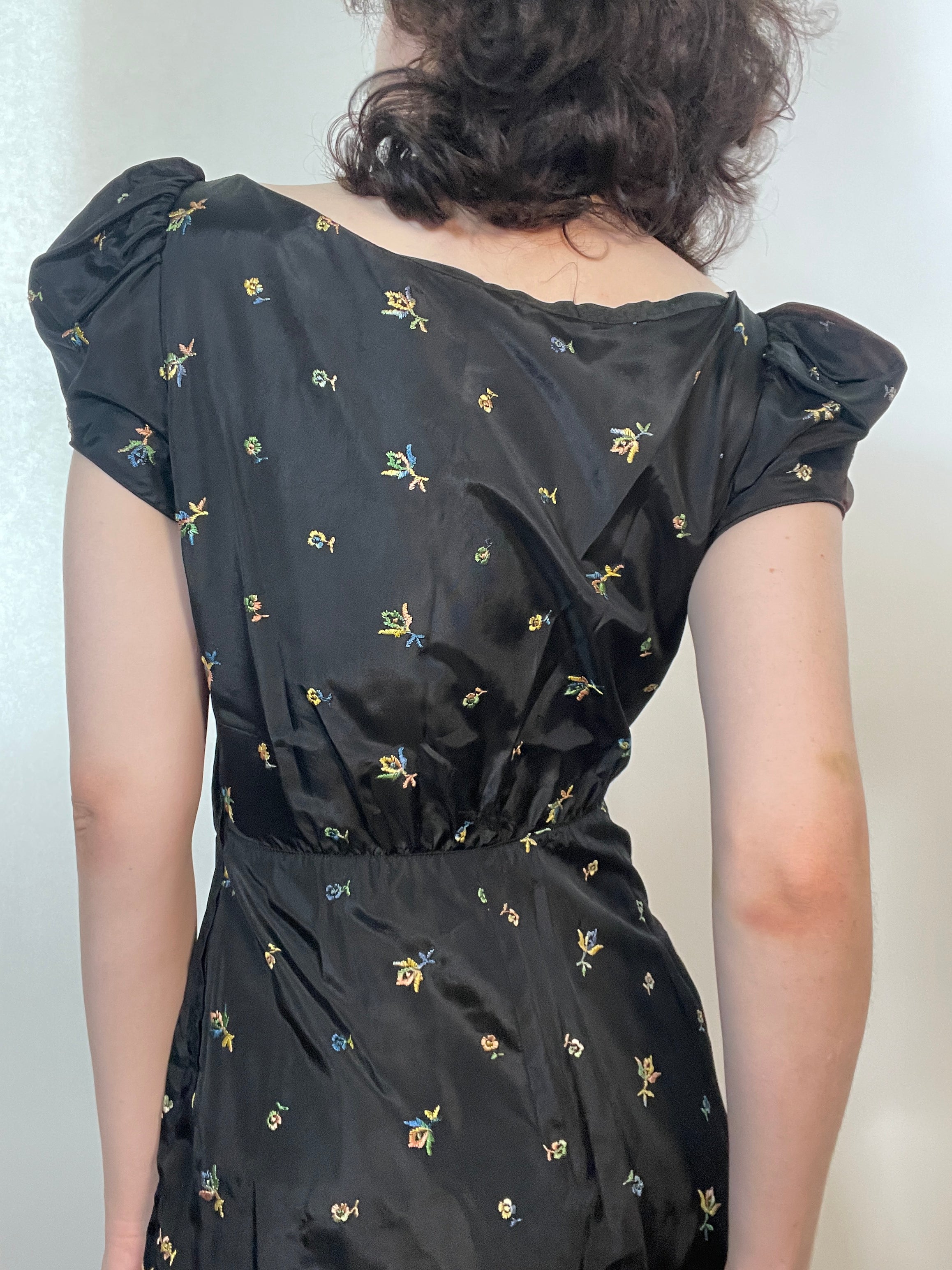 Vtg 40s Embroidered Taffeta Party Dress Early 40s