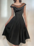 Vtg 50s Fancy Black Taffeta Dress w/ "LACE" Collar Party Dress Dance Dress