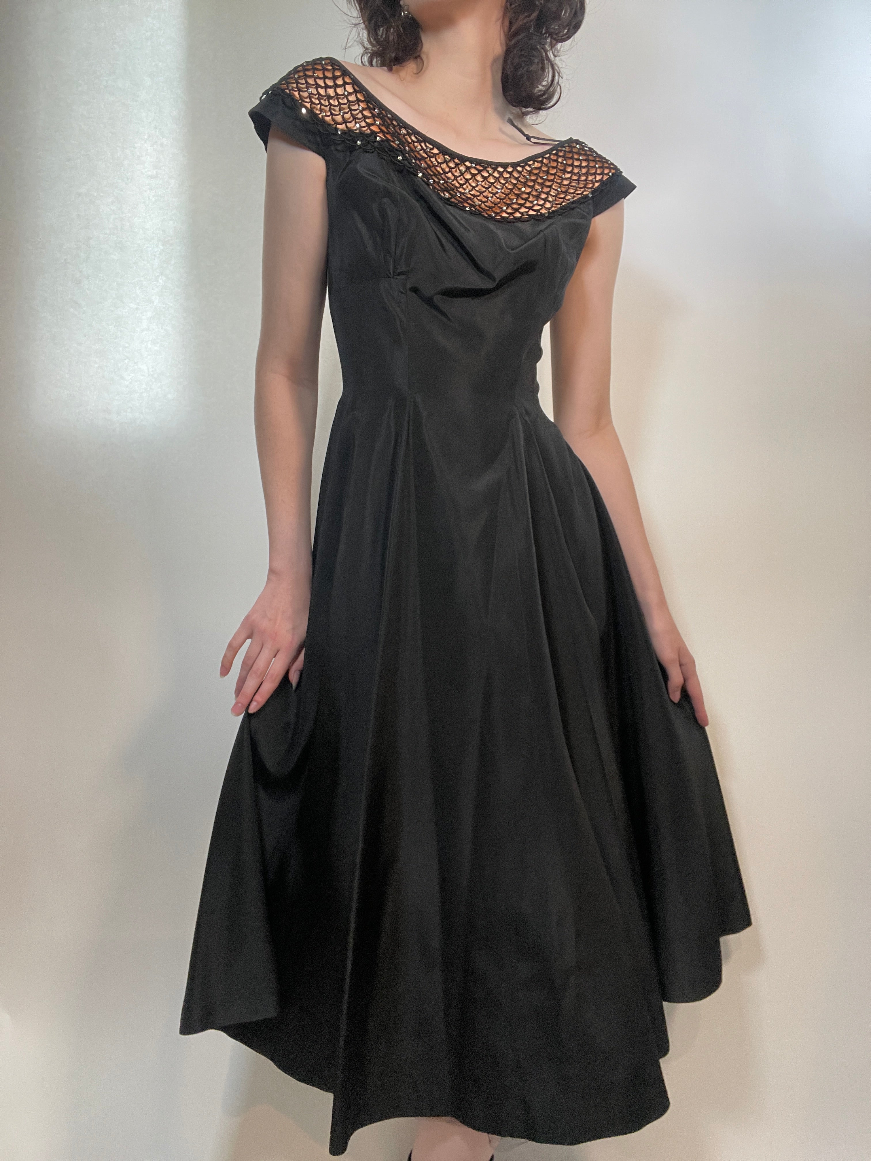 black taffeta dress Vtg 50s Fancy Black Taffeta Dress w/ LACE Collar Party Dress Dance Dress