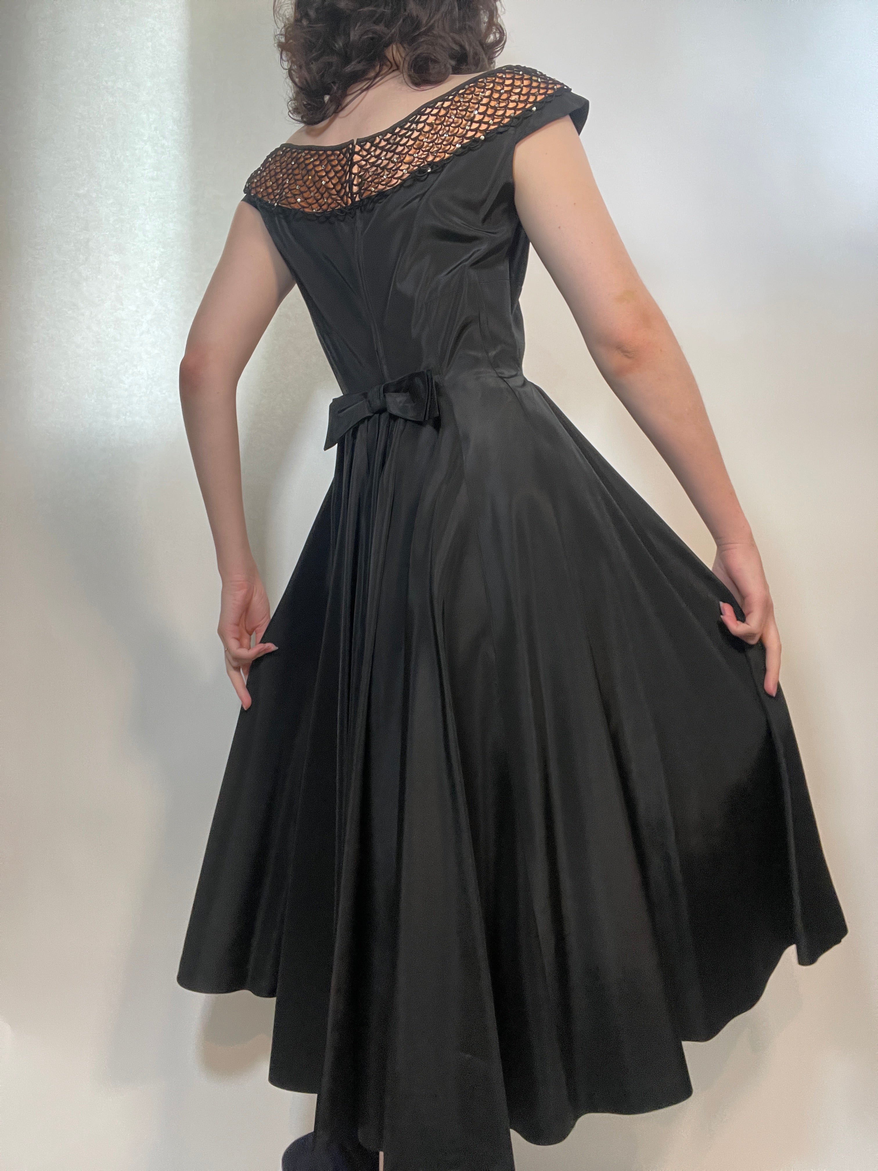 black lace 50s dress 1950's Black Lace Long Sleeve Gown Eveliina Vintage