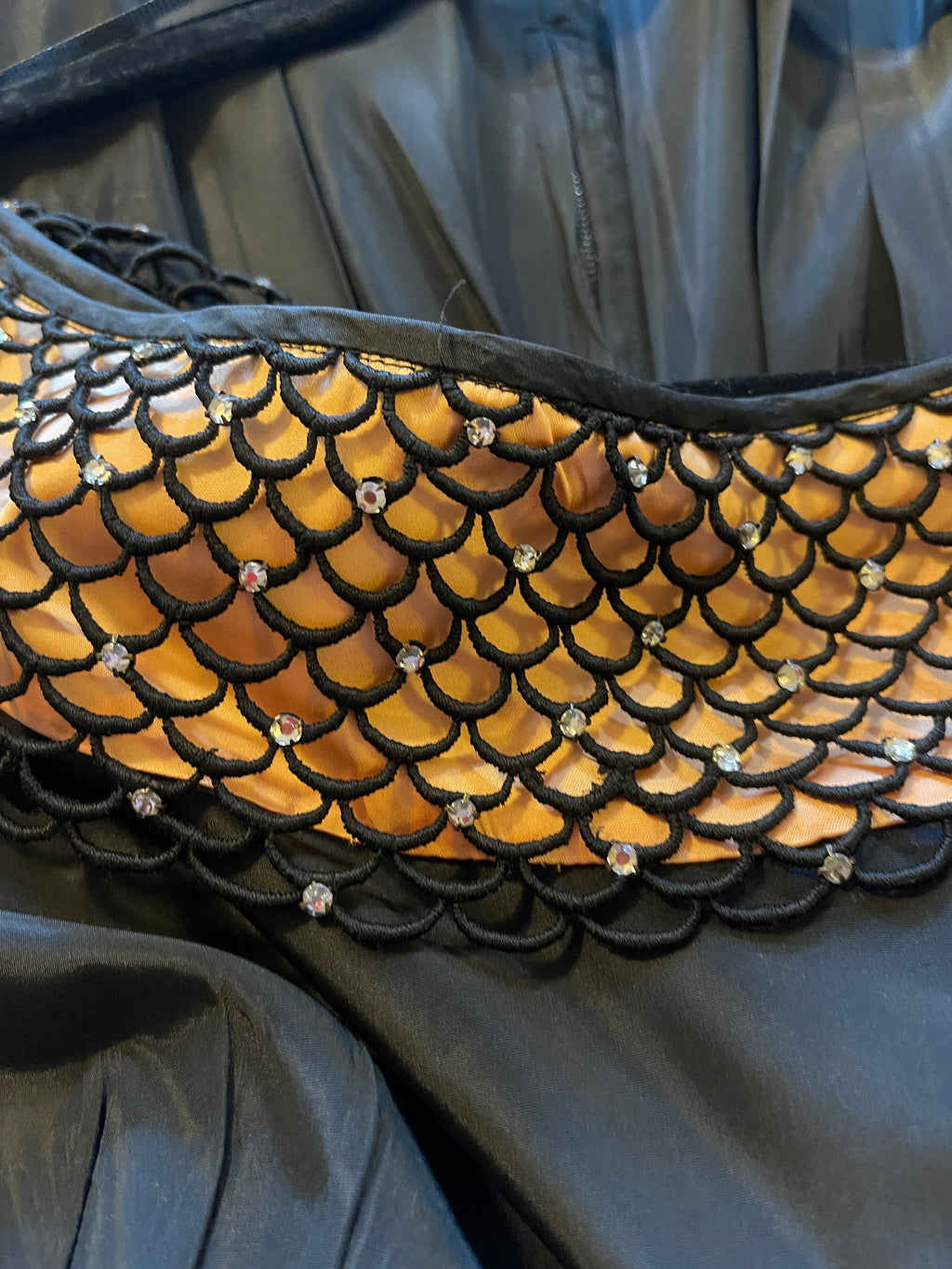 Vtg 50s Fancy Black Taffeta Dress w/ "LACE" Collar Party Dress Dance Dress