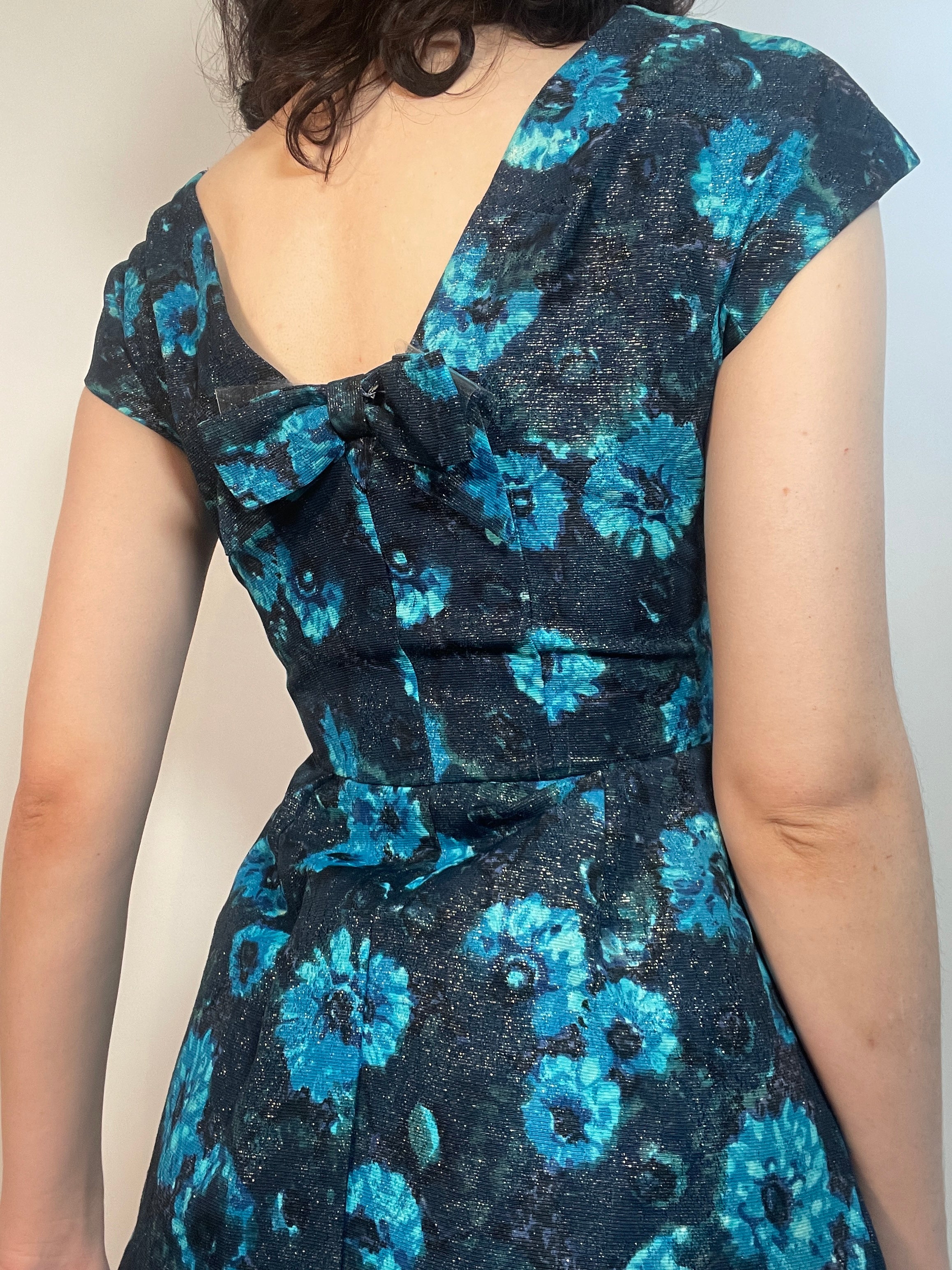 VTG 60s Turquoise & Blue/Black Brocade Dress Fancy
