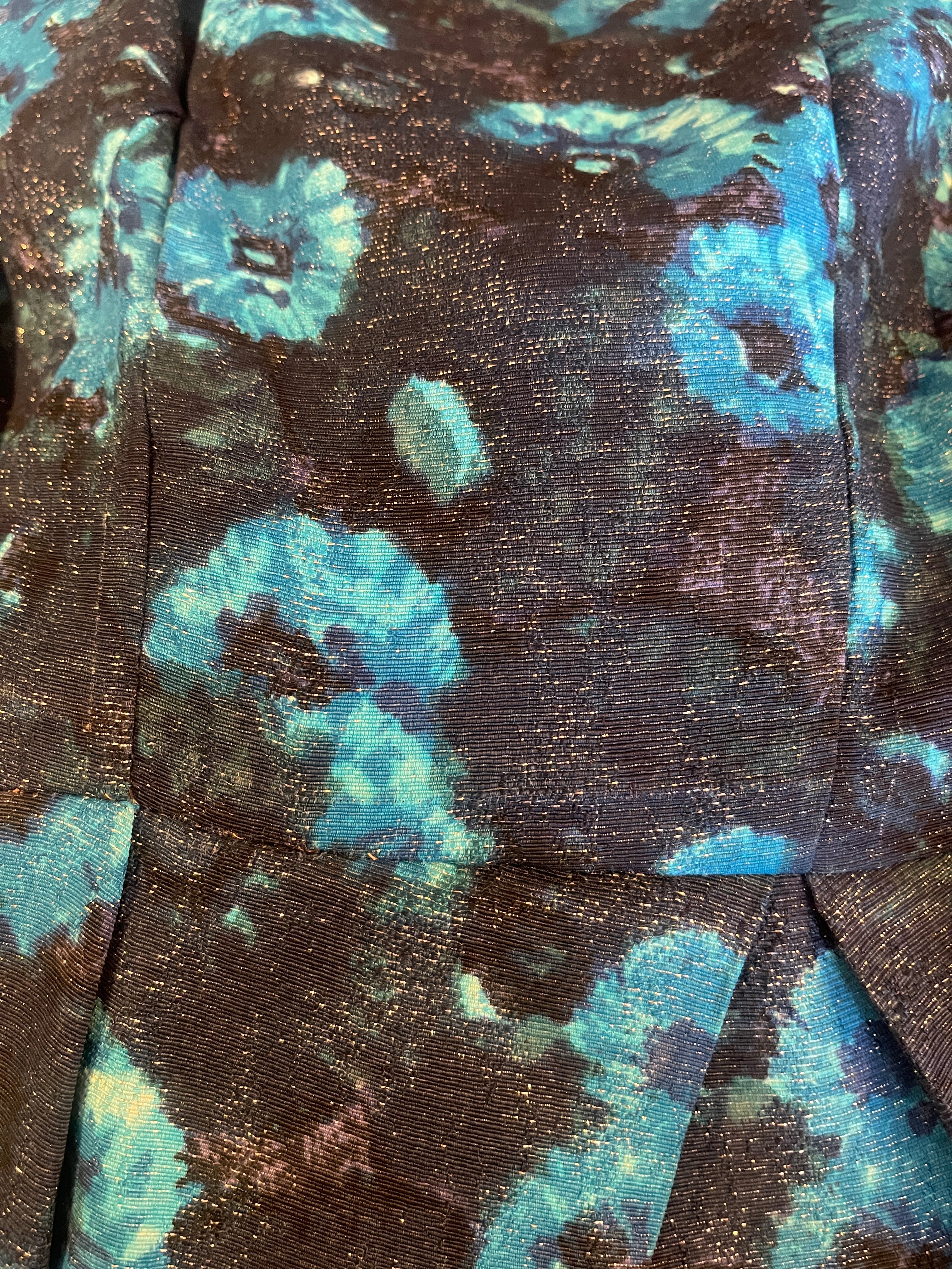 VTG 60s Turquoise & Blue/Black Brocade Dress Fancy