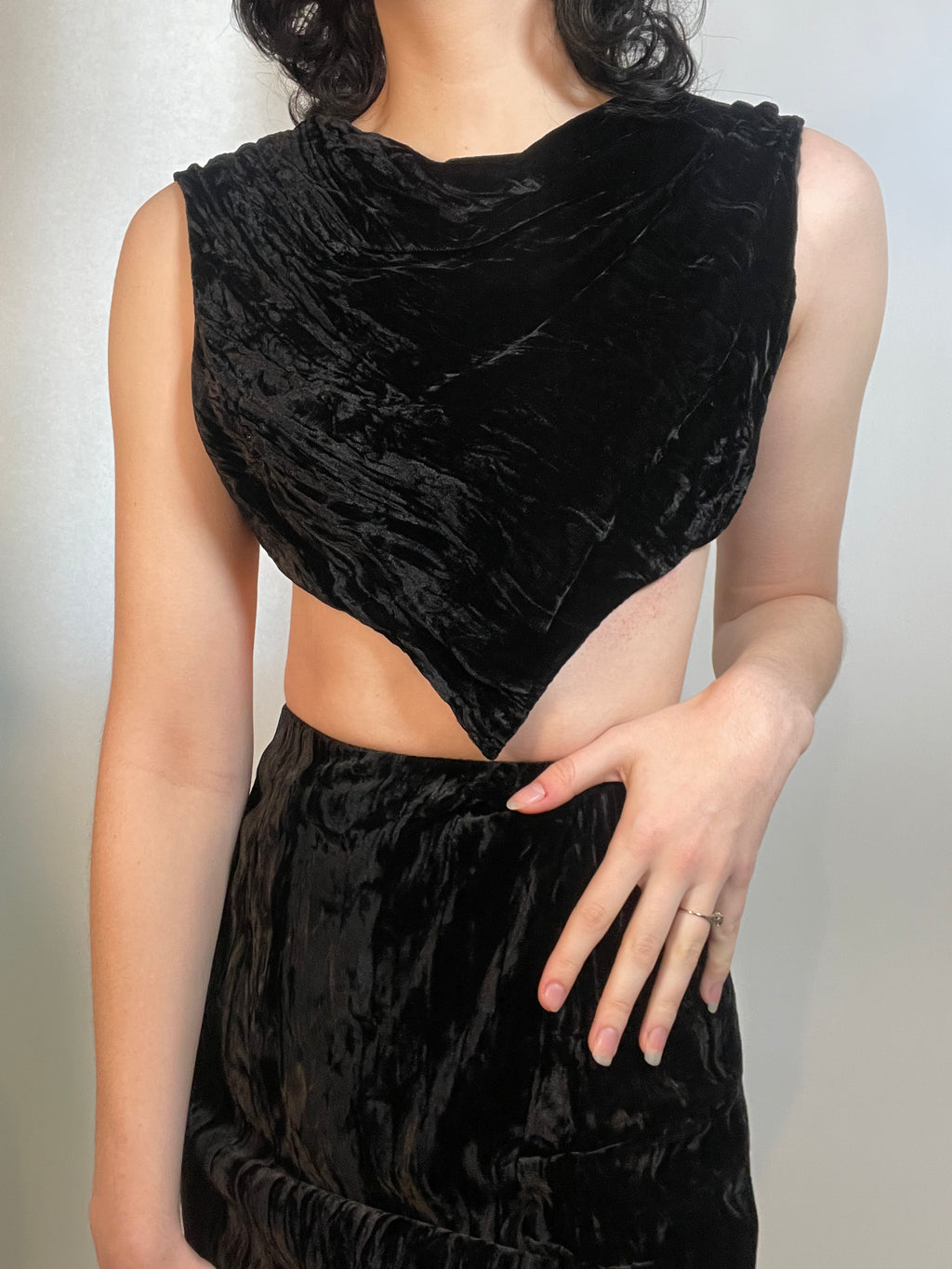 VTG 70s Black Two Piece Crushed Velvet Top & Mini Skirt