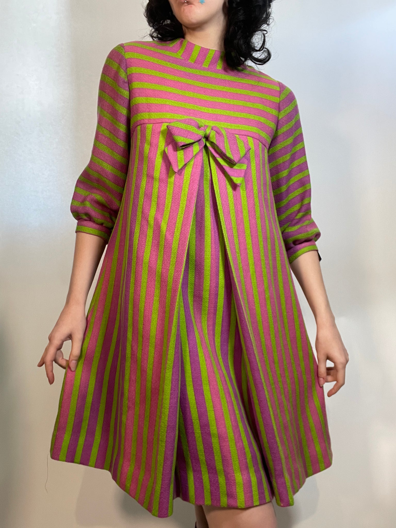 Metropolis Vintage Vtg Mod 60s 70s Dress Pink Green Stripes