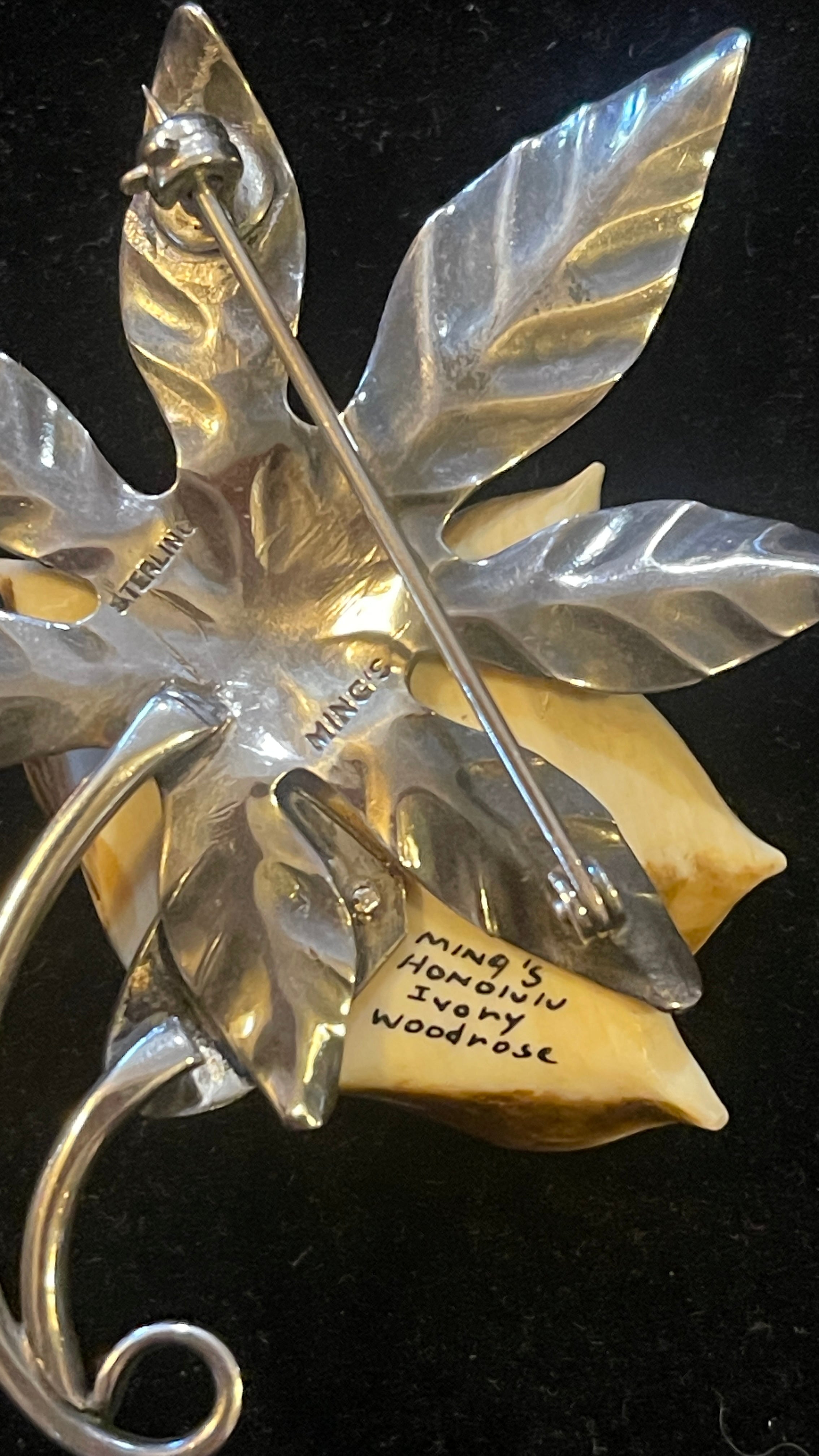 MINGS STERLING Pin Honolulu Carved Woodrose Handmade