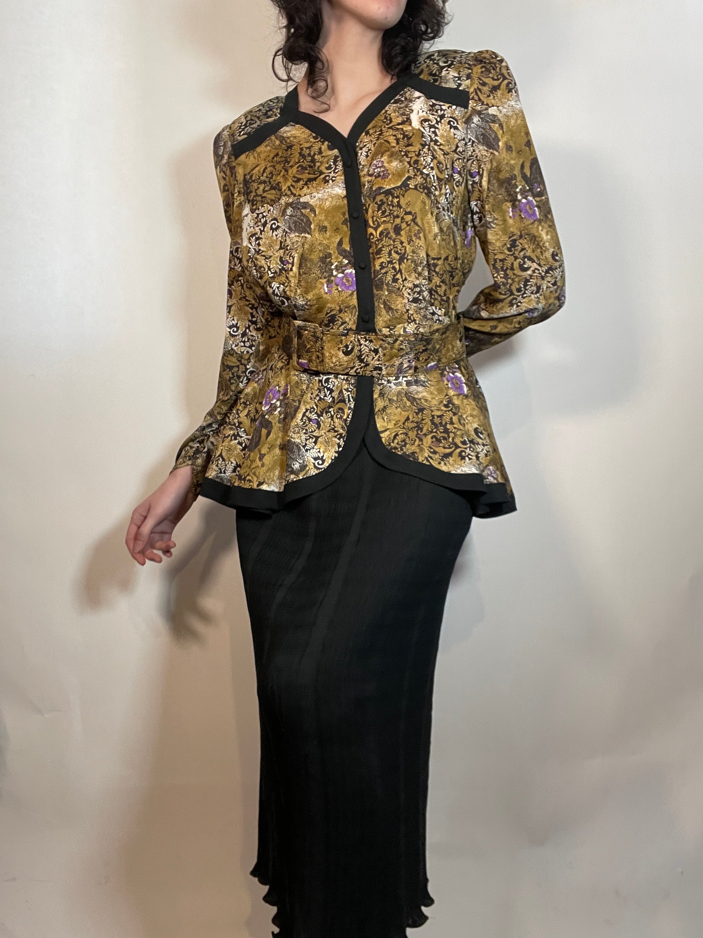 Vtg 80s DIANE FRES 2 piece suit/ Dress with Peplum Jacket & Skirt