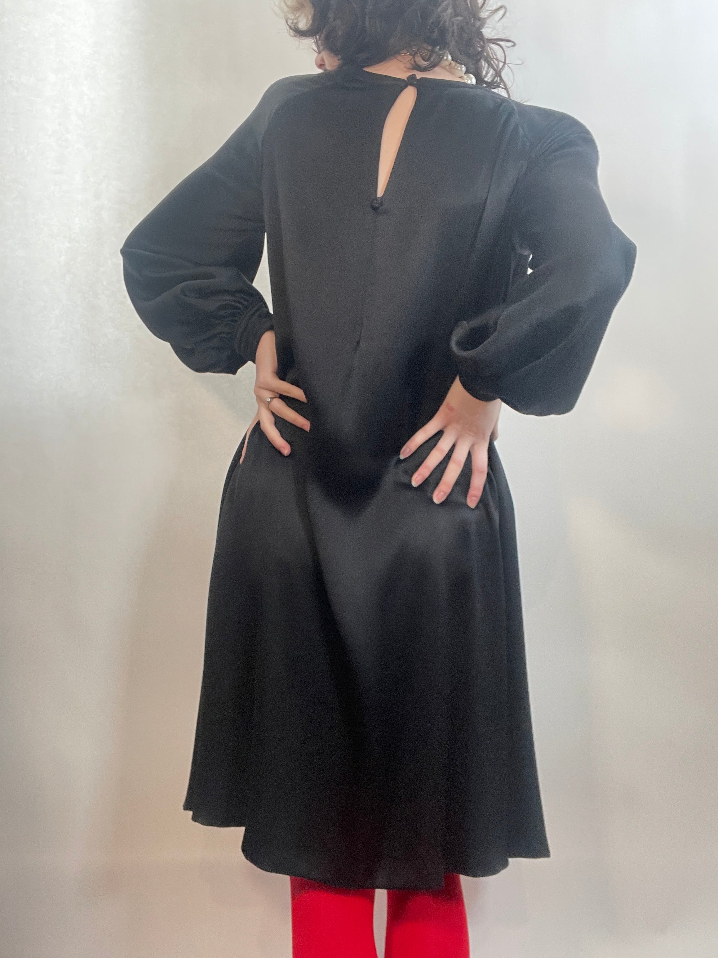 VTG GALANOS Black Satin U neck Dress , Full swing