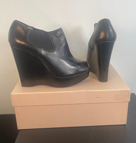 PRADA Black Leather WEDGE Heel Bootie Shoe Sz 38