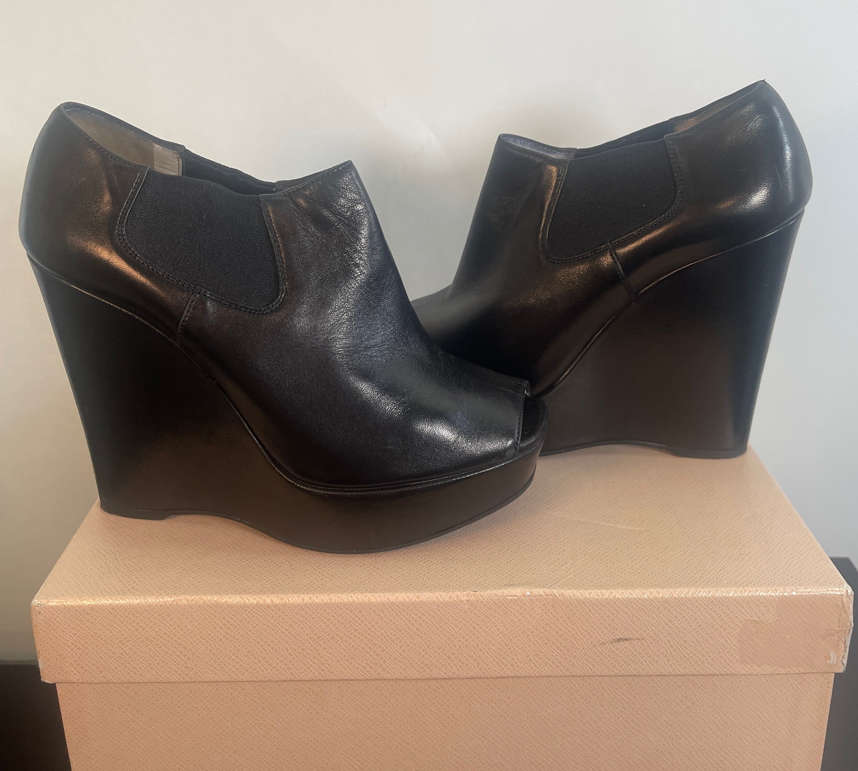 PRADA Black Leather WEDGE Heel Bootie Shoe Sz 38