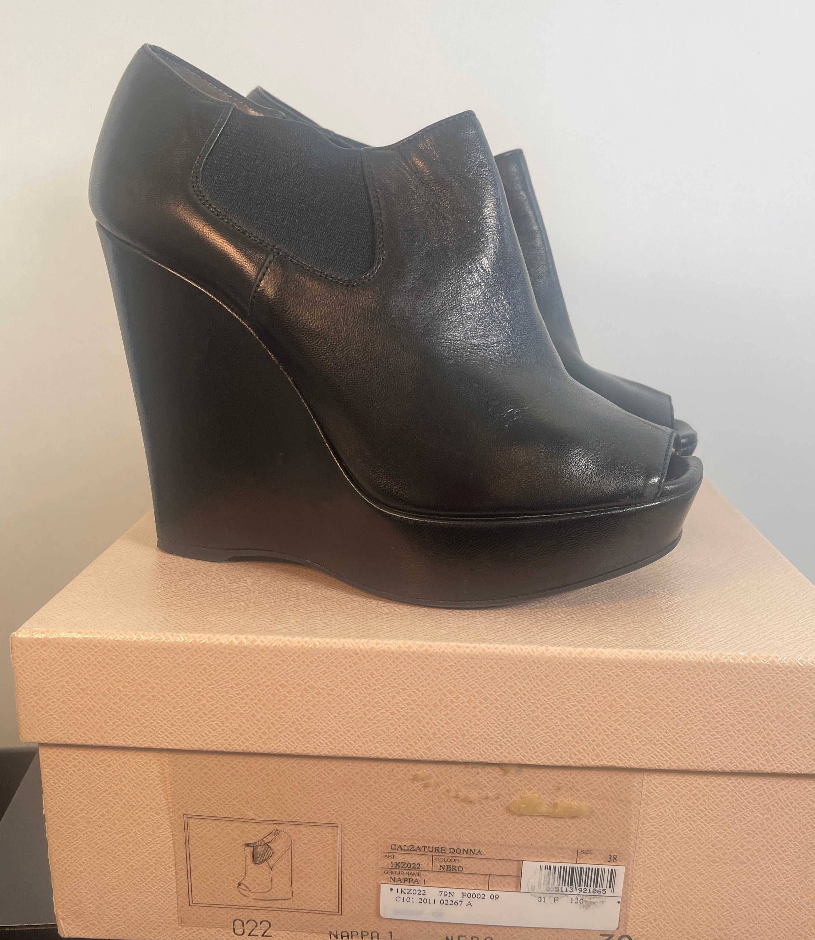 PRADA Black Leather WEDGE Heel Bootie Shoe Sz 38