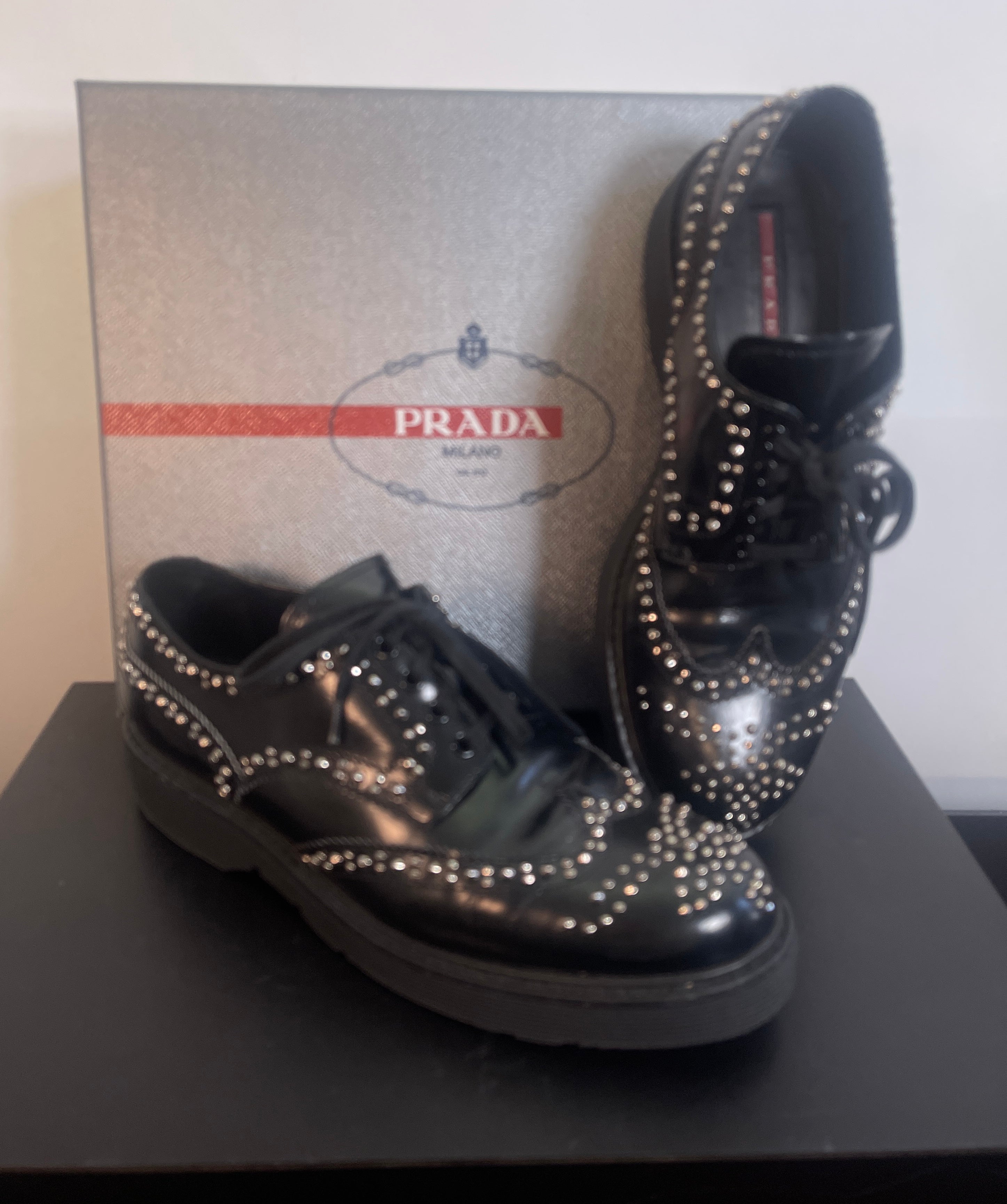 PRADA STUDDED Brogue Lace up Shoes, Platform, Sz 38
