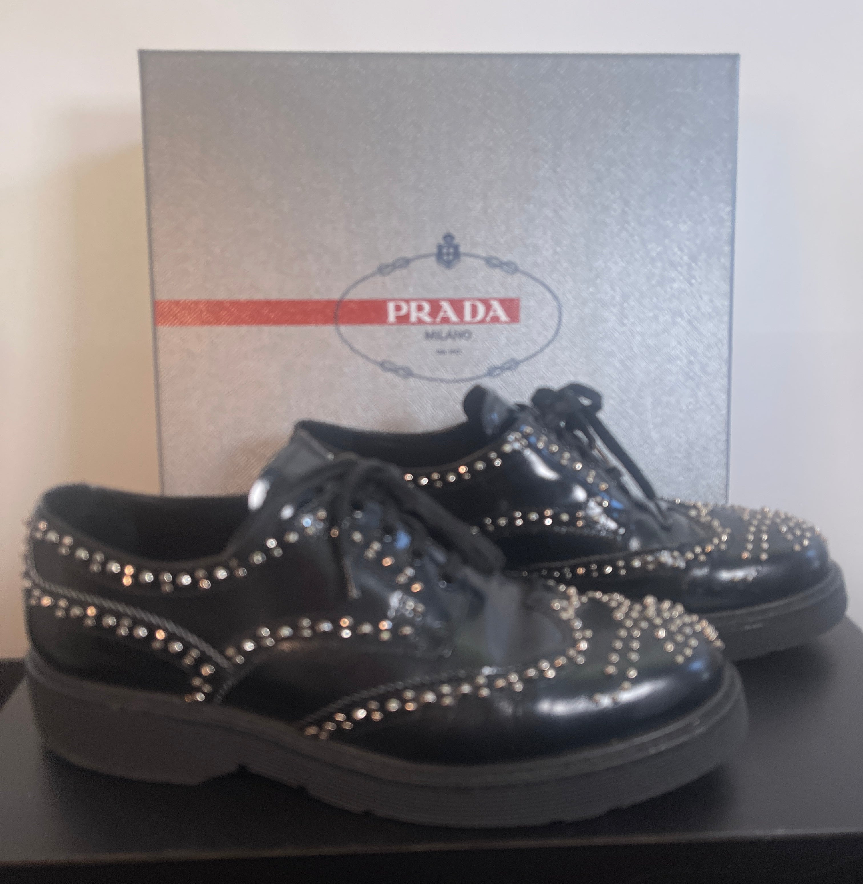 PRADA STUDDED Brogue Lace up Shoes, Platform, Sz 38