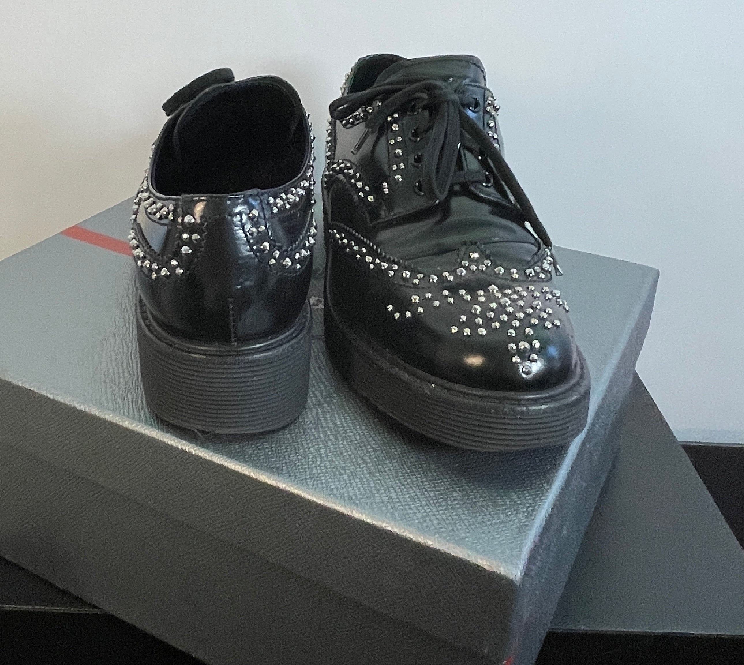PRADA STUDDED Brogue Lace up Shoes, Platform, Sz 38