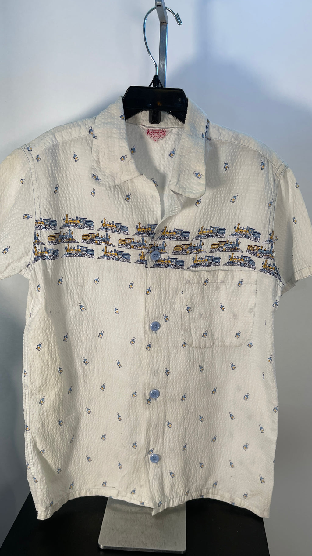 BOYS Vintage 50s Seersucker Shirt w/ TRAINS Chest 32"