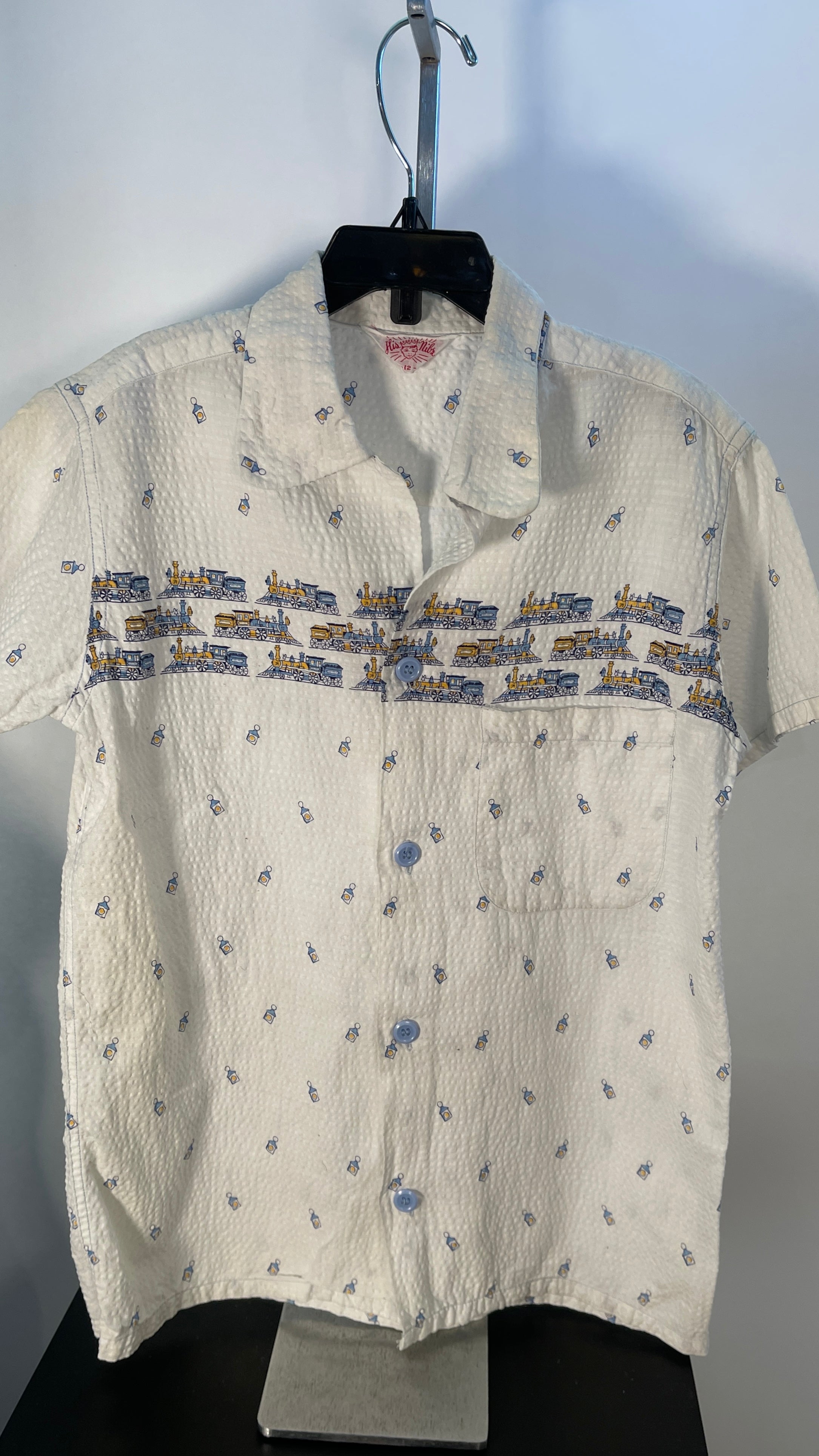 BOYS Vintage 50s Seersucker Shirt w/ TRAINS Chest 32"
