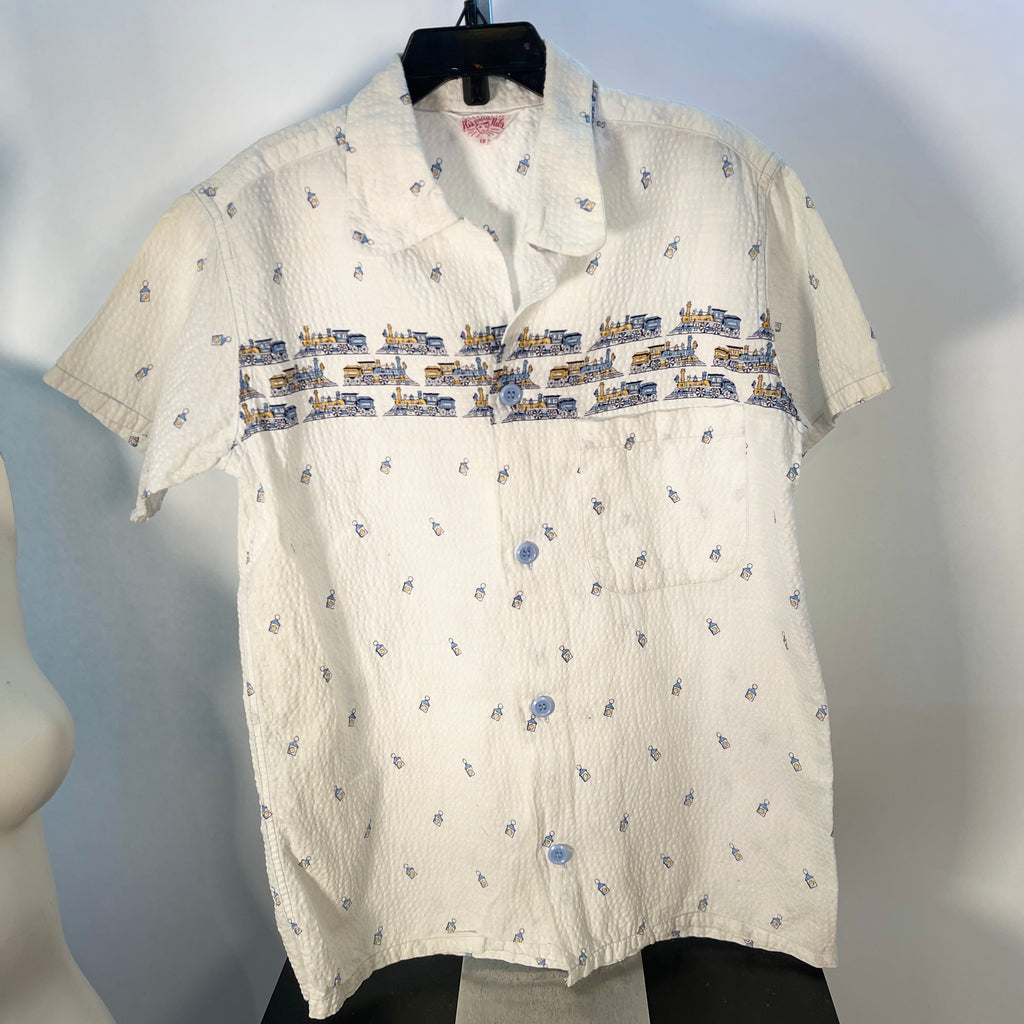 BOYS Vintage 50s Seersucker Shirt w/ TRAINS Chest 32"