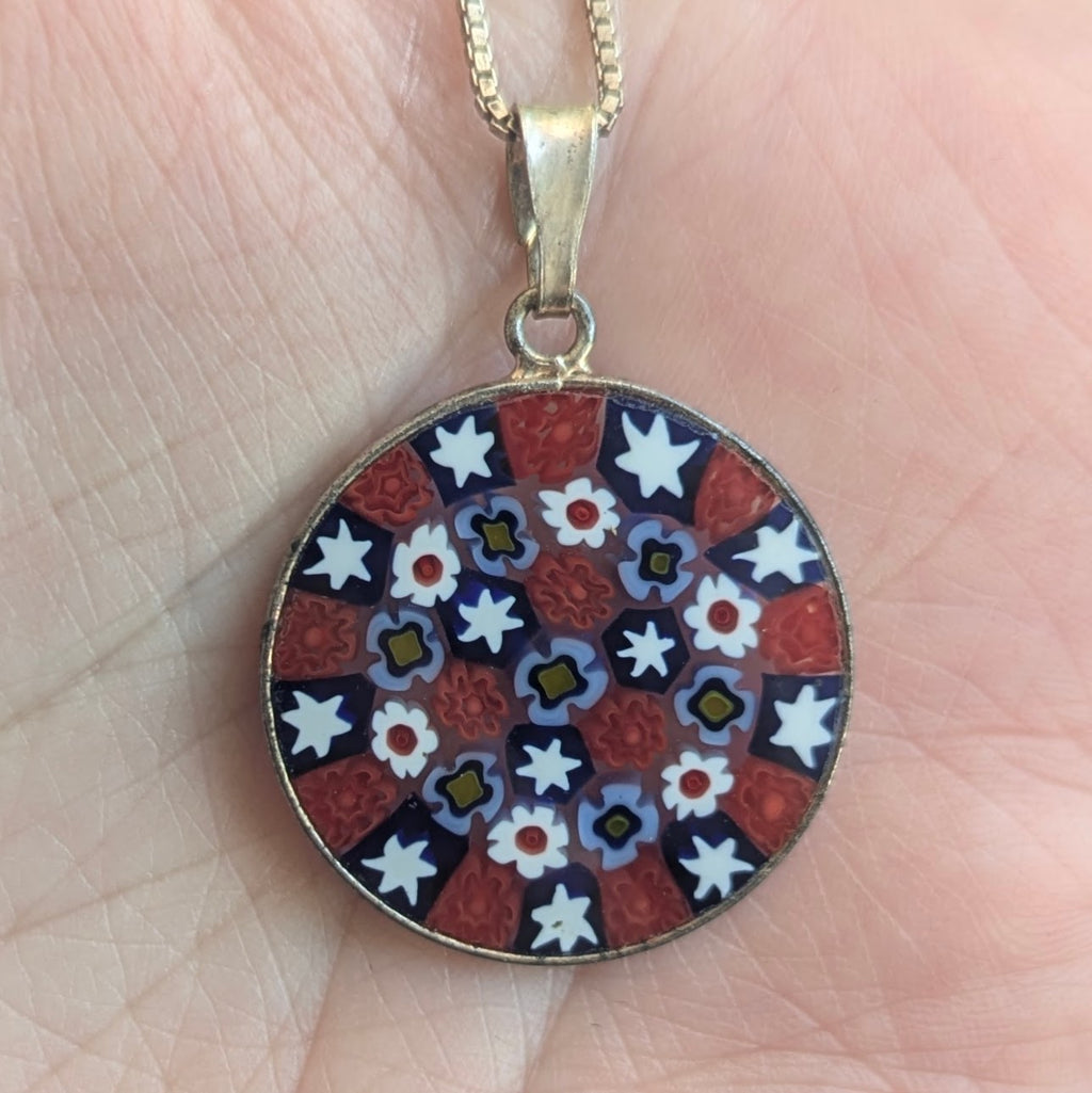 Vintage Italian Sterling Silver Millefiori Glass Pendant and Chain