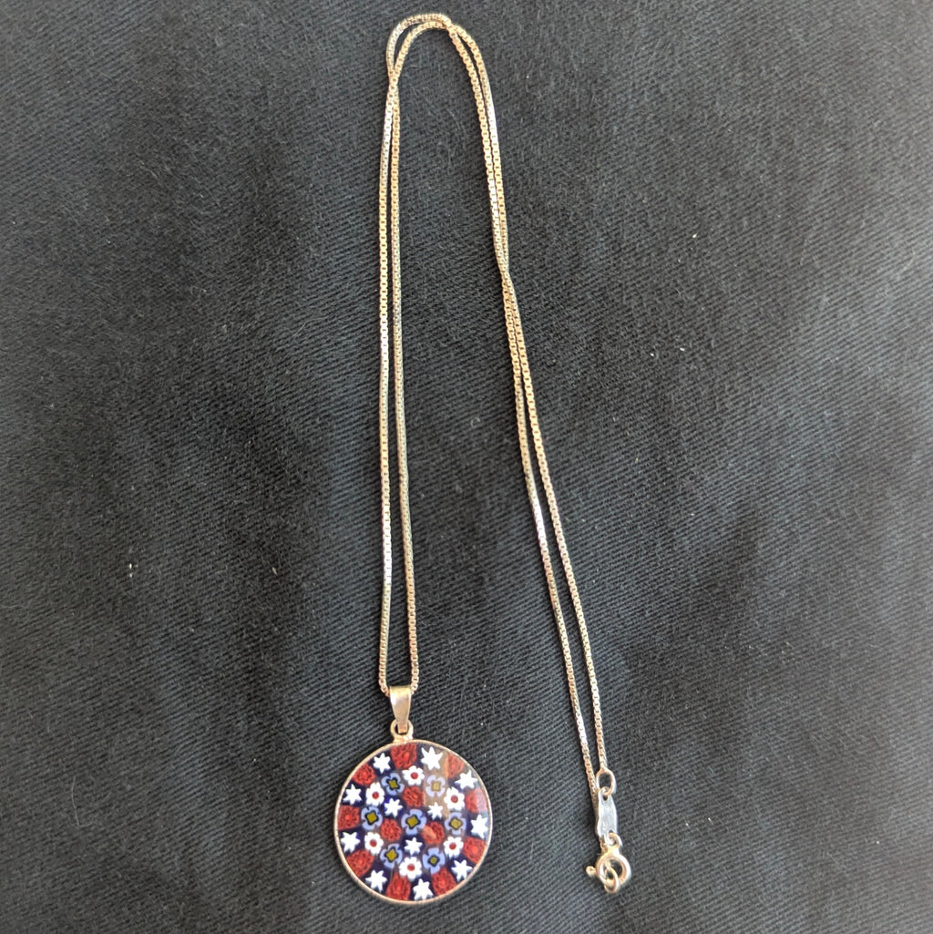 Vintage Italian Sterling Silver Millefiori Glass Pendant and Chain