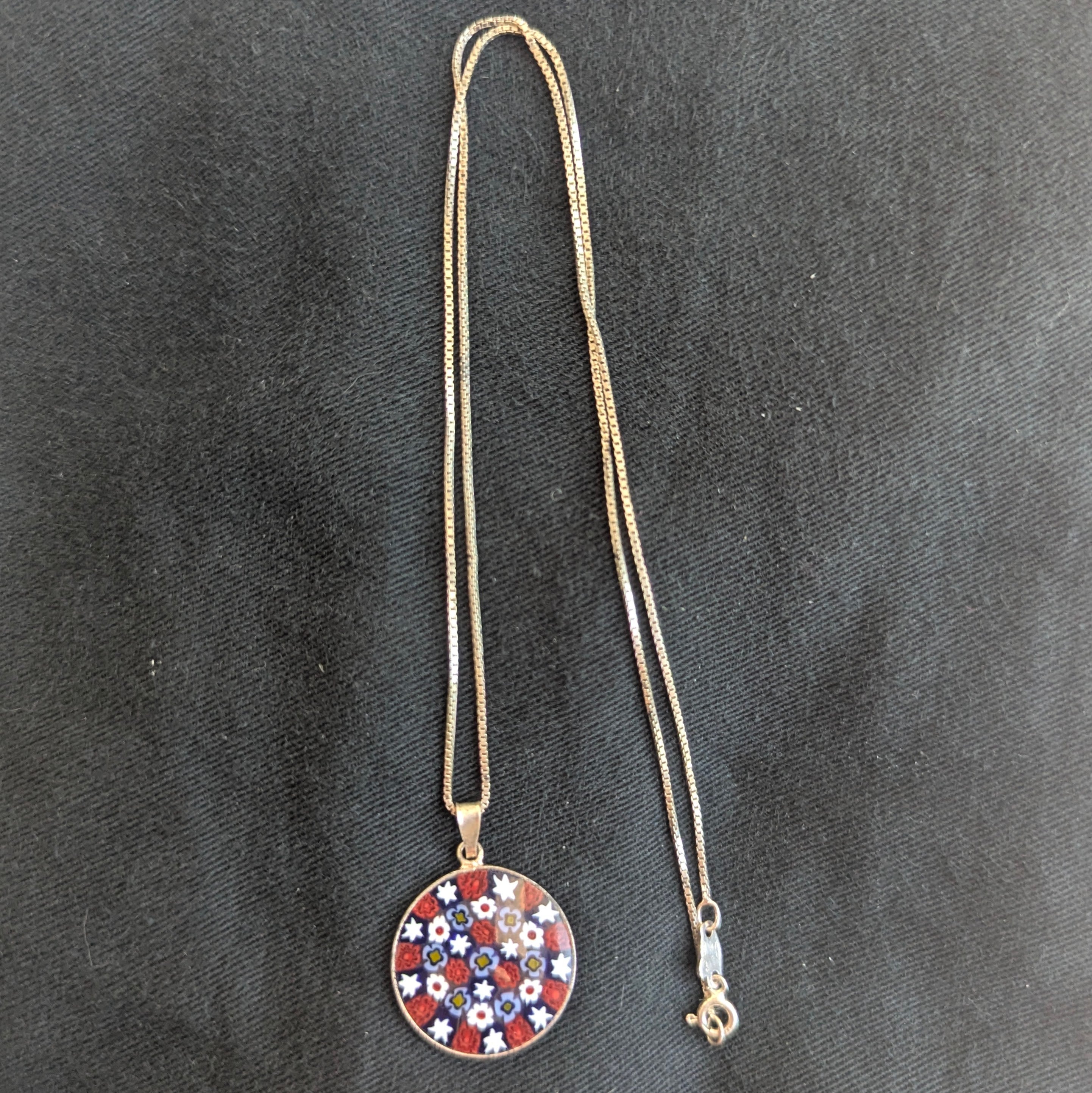 Vintage Italian Sterling Silver Millefiori Glass Pendant and Chain