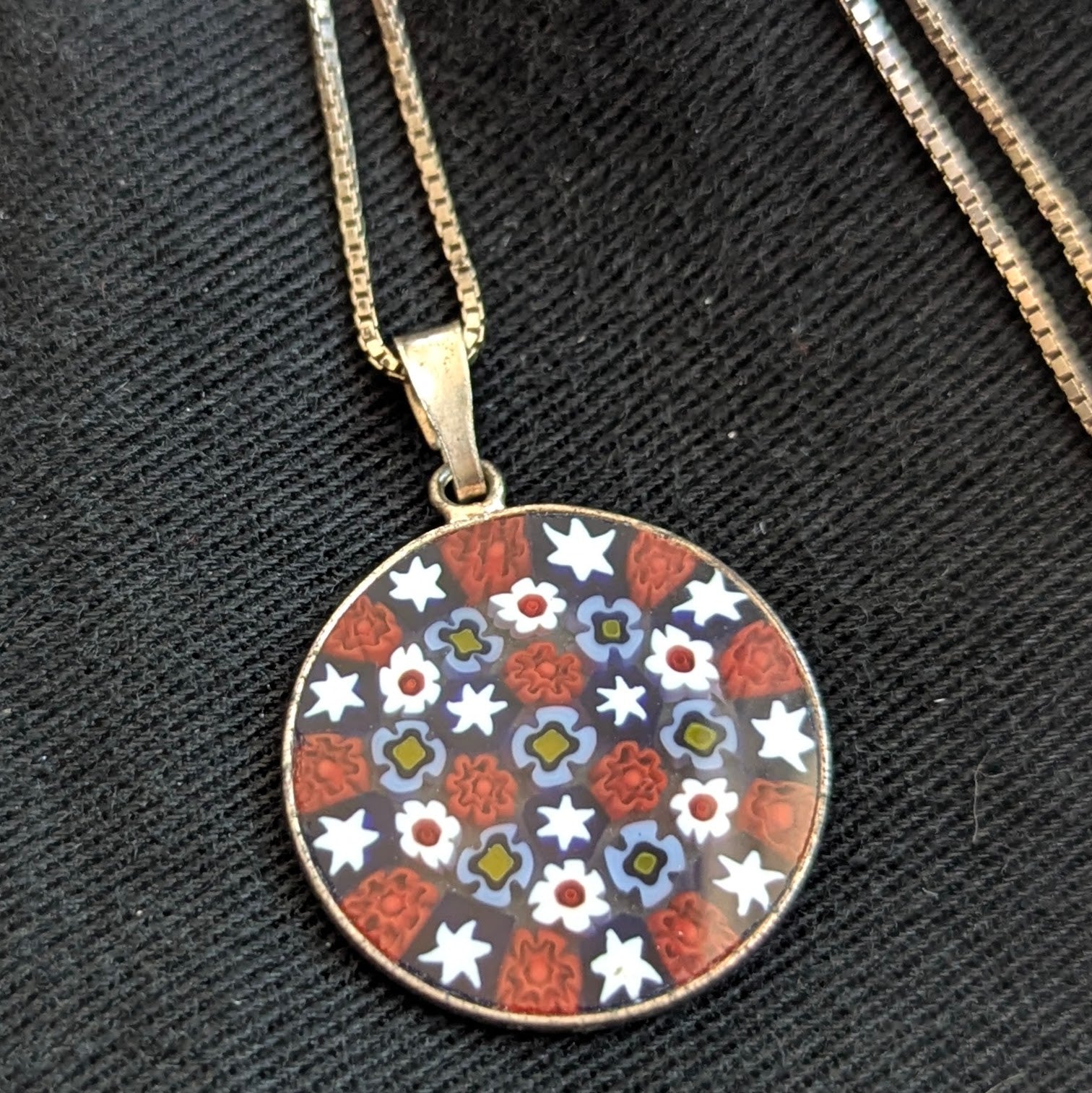 Vintage Italian Sterling Silver Millefiori Glass Pendant and Chain