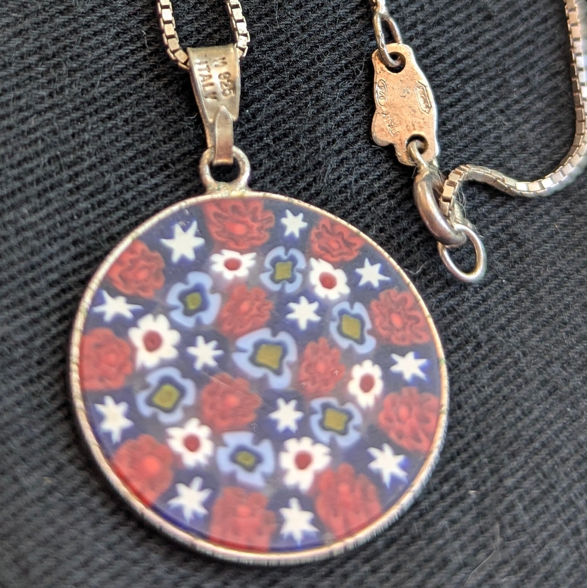Vintage Italian Sterling Silver Millefiori Glass Pendant and Chain
