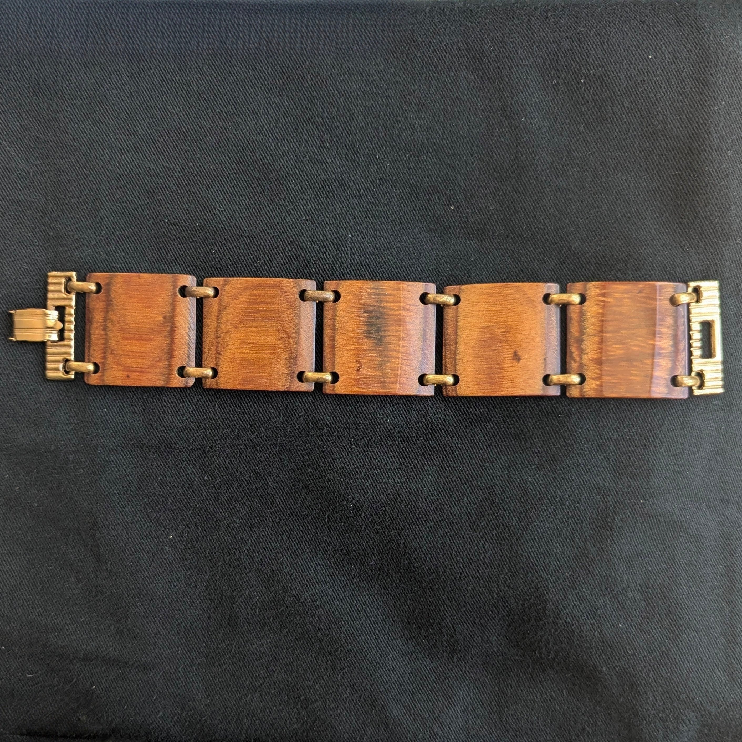 Vintage 1970s Wood Linked Tiles Bracelet Cuff