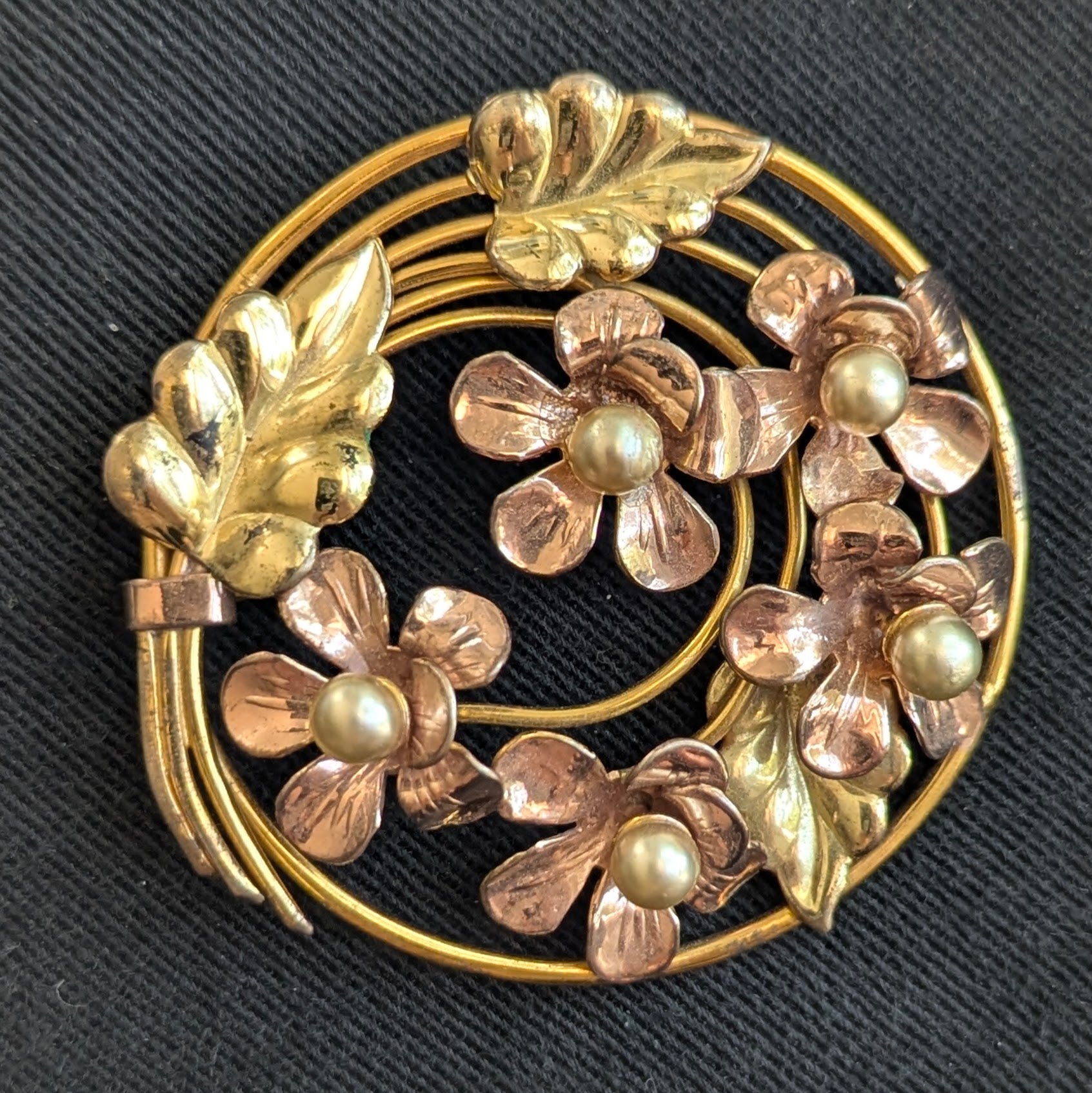 Vintage Raleigh 1940s Gold on Sterling Pin Brooch Rose & Yellow Gold Flowers