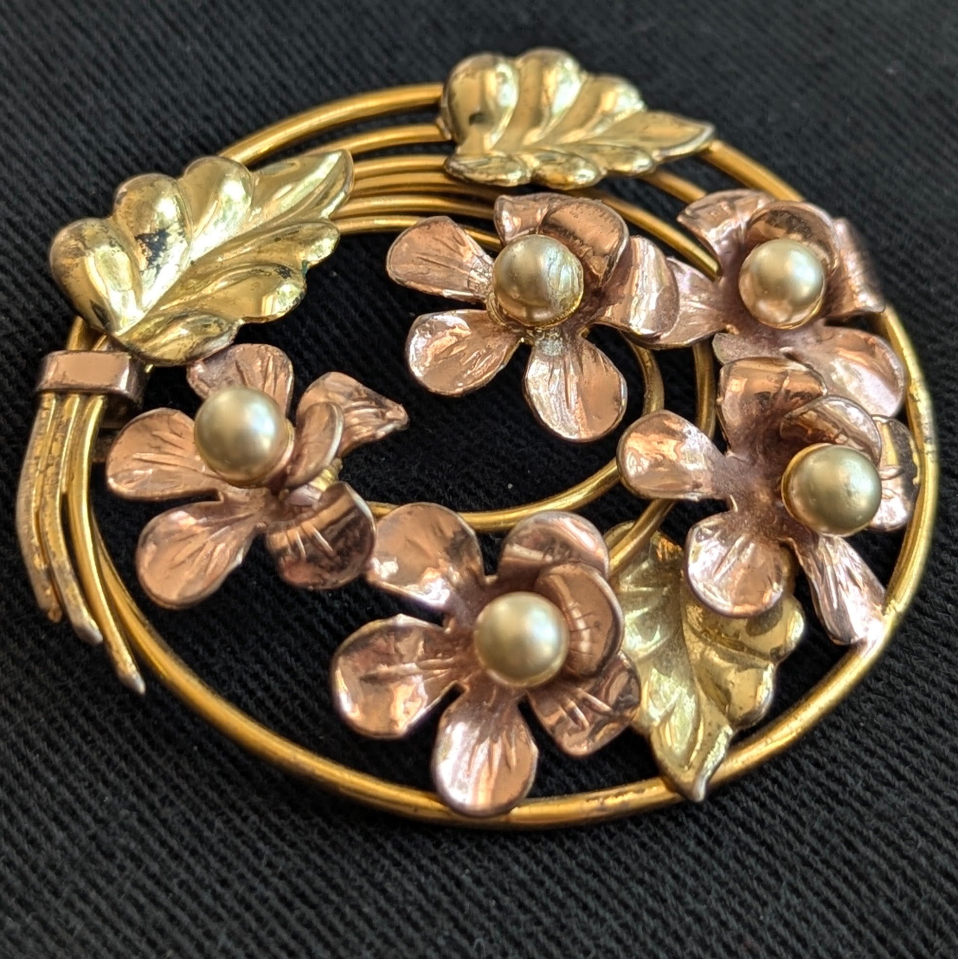 Vintage Raleigh 1940s Gold on Sterling Pin Brooch Rose & Yellow Gold Flowers