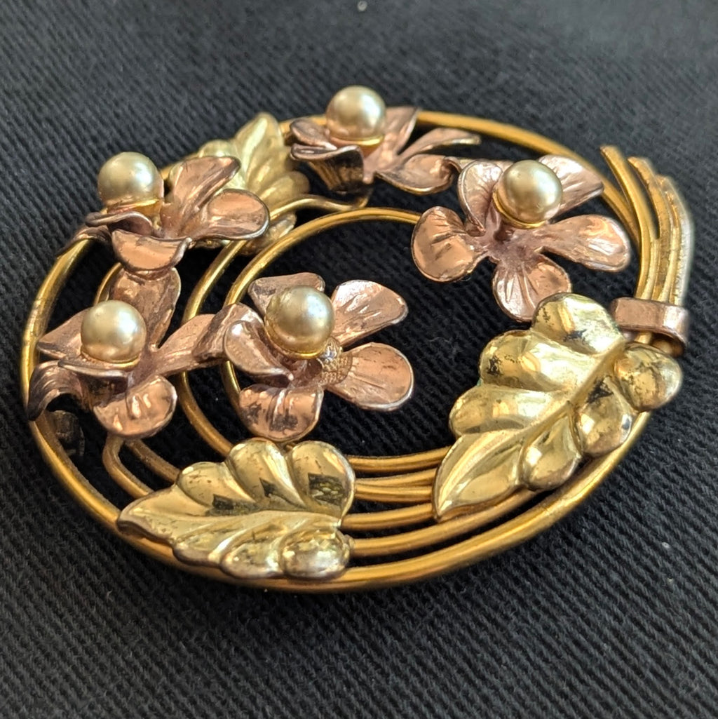 Vintage Raleigh 1940s Gold on Sterling Pin Brooch Rose & Yellow Gold Flowers