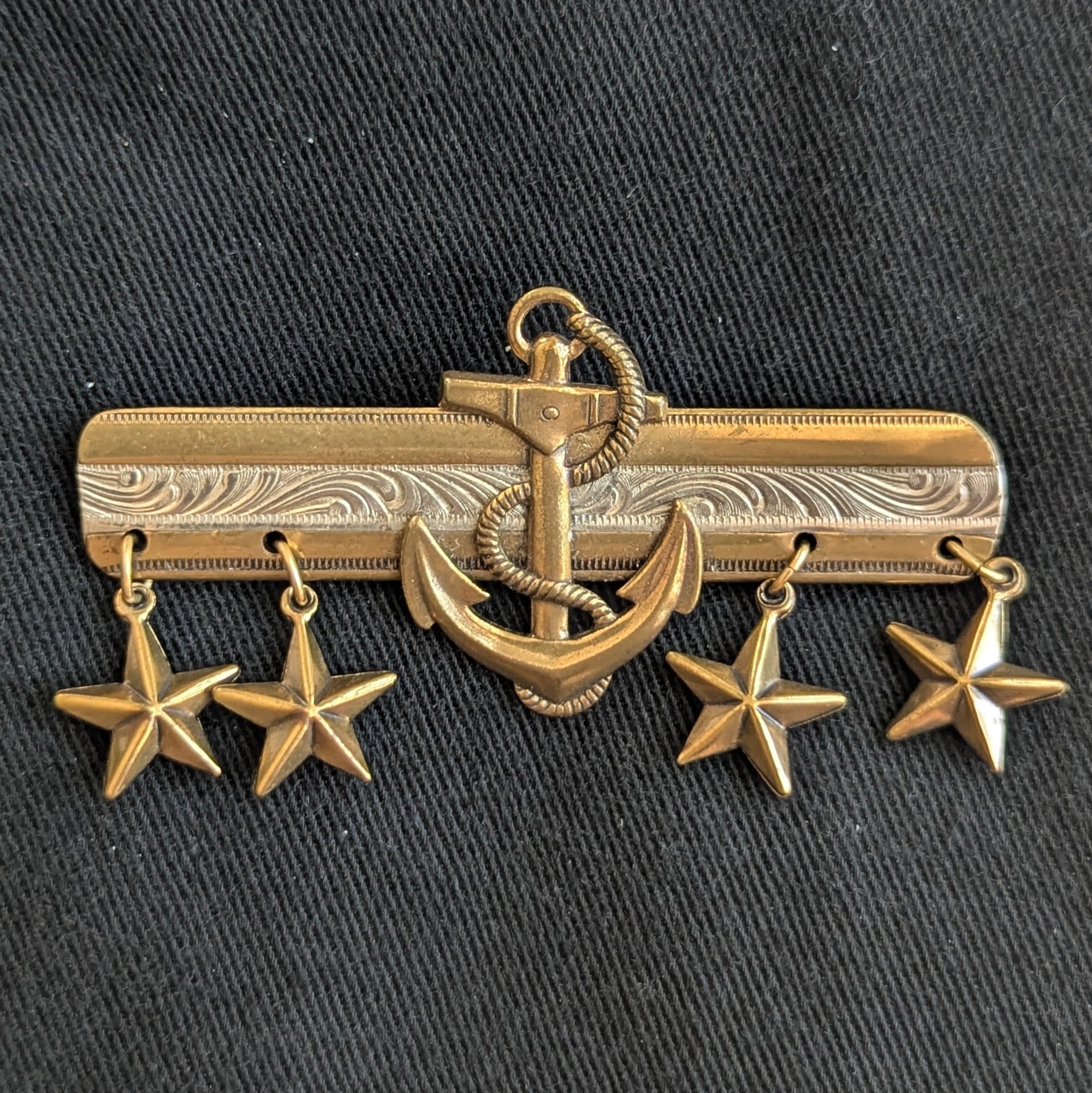Vintage 1950s Nautical Bar Pin with Charms Anchor