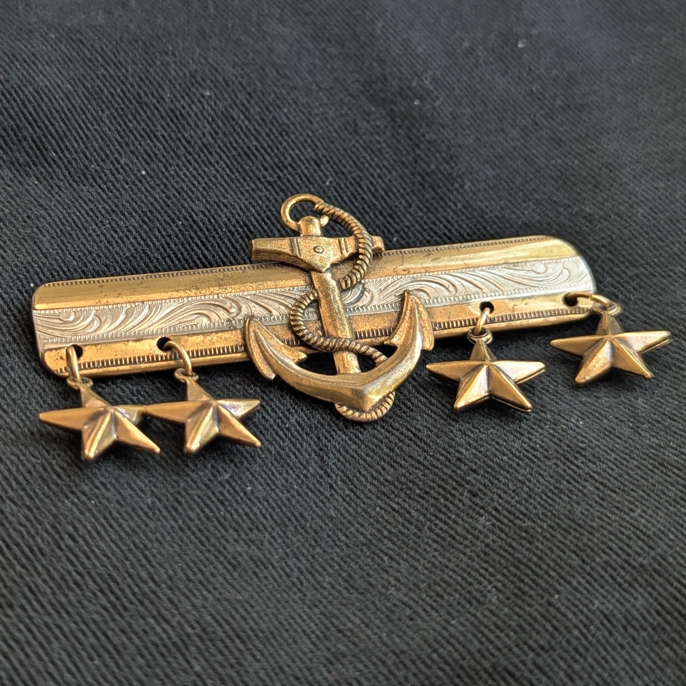 Vintage 1950s Nautical Bar Pin with Charms Anchor