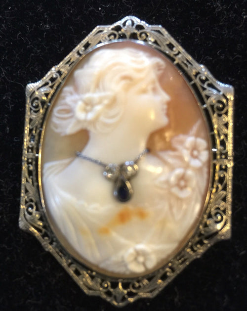 1920's 14K Filigree Cameo w/ Diamonds & Saphire