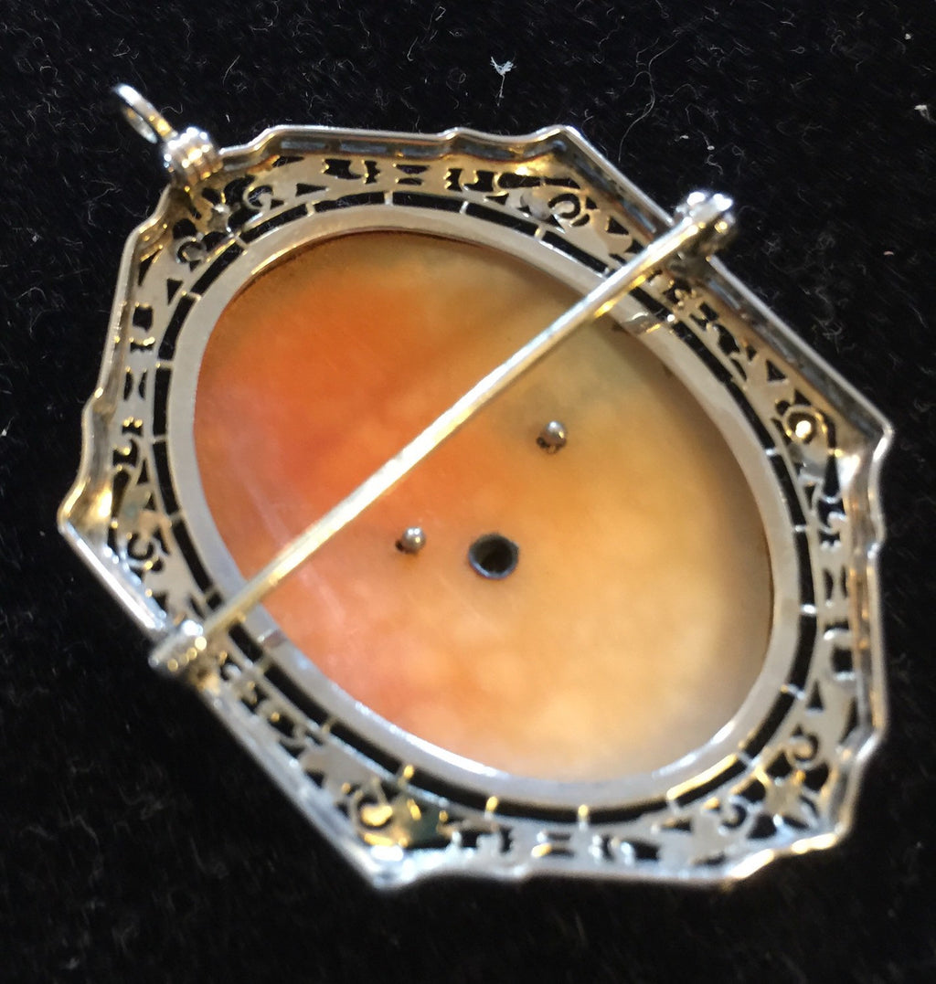 1920's 14K Filigree Cameo w/ Diamonds & Saphire