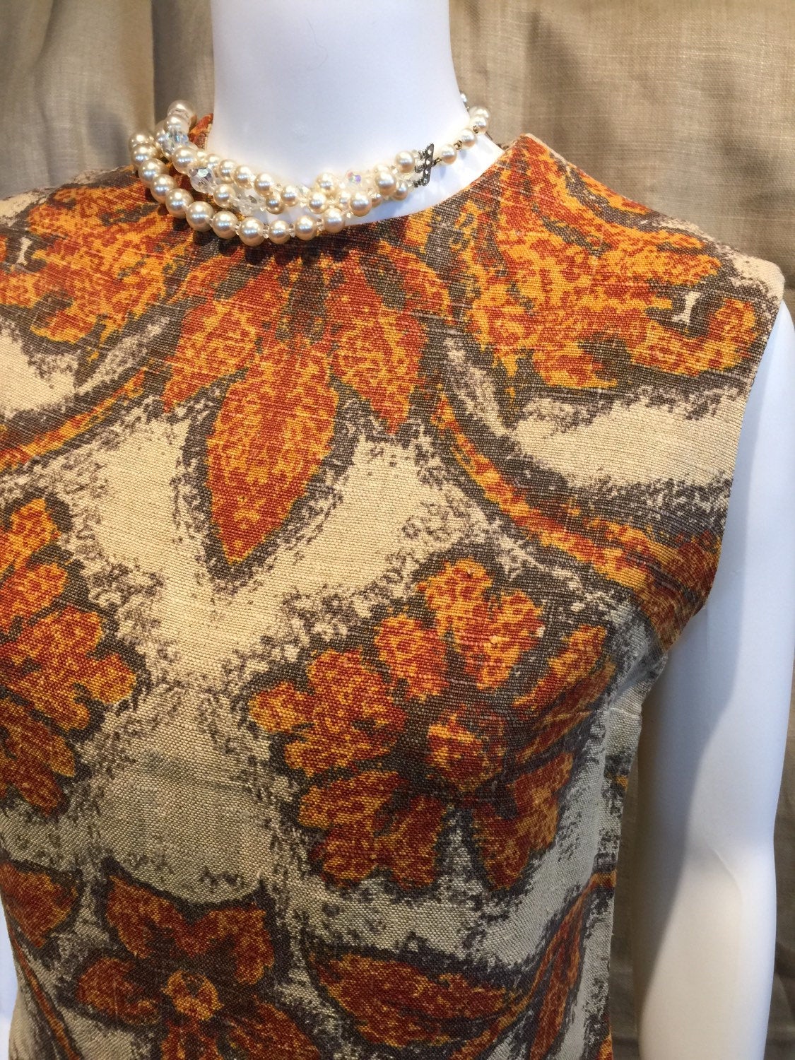 1970's Printed Linen Shift Dress Earth Tones 38-35-40