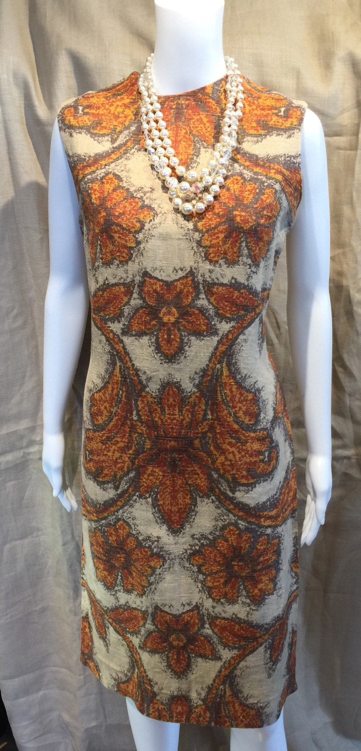 1970's Printed Linen Shift Dress Earth Tones 38-35-40