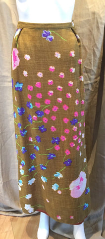 60's Linen Print Floral Skirt waist 24"