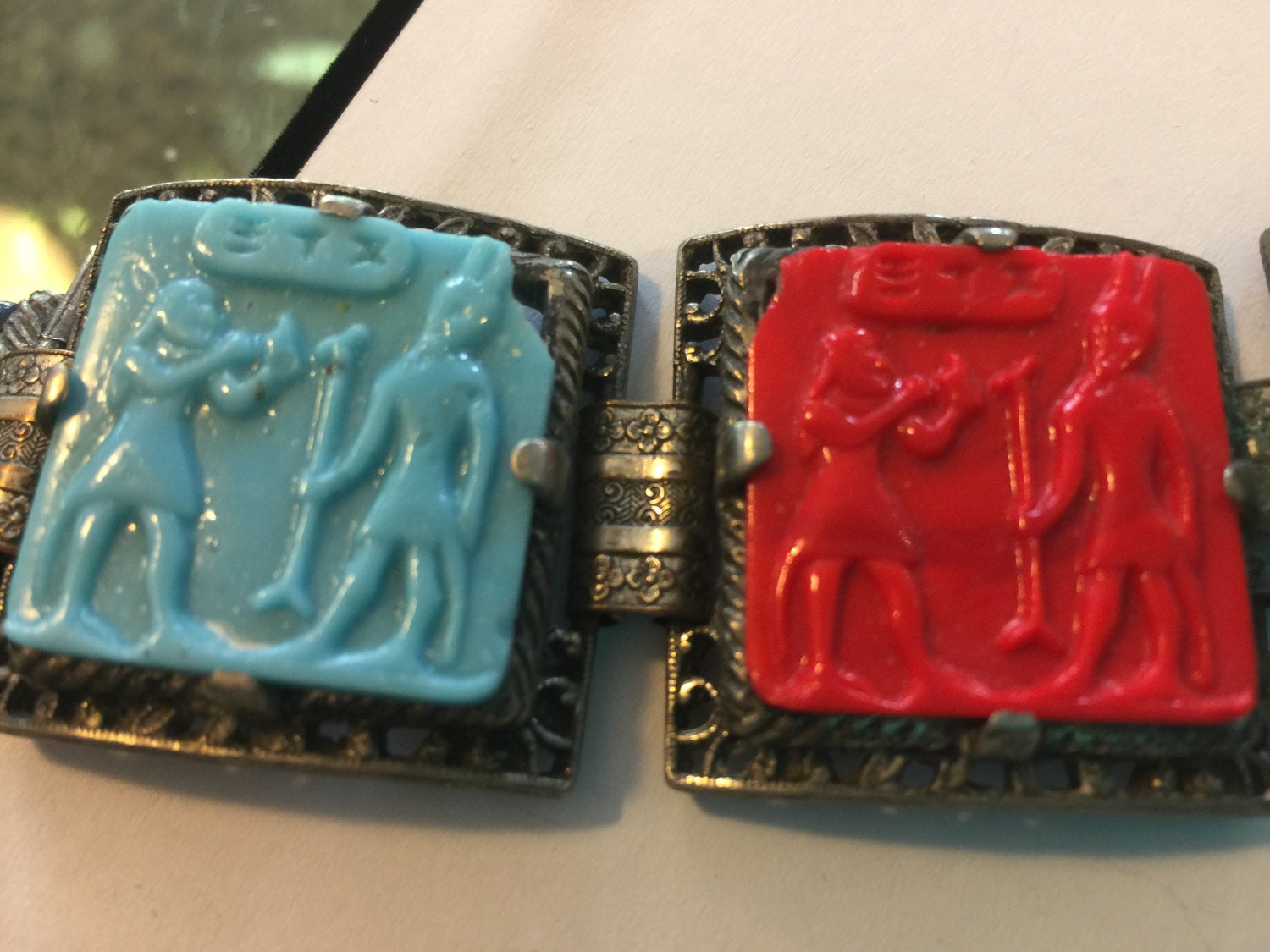 1930's Egyptian Style Multi Color Glass Tiles 8" long BRACELET