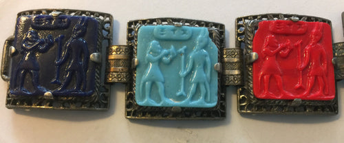 1930's Egyptian Style Multi Color Glass Tiles 8" long BRACELET