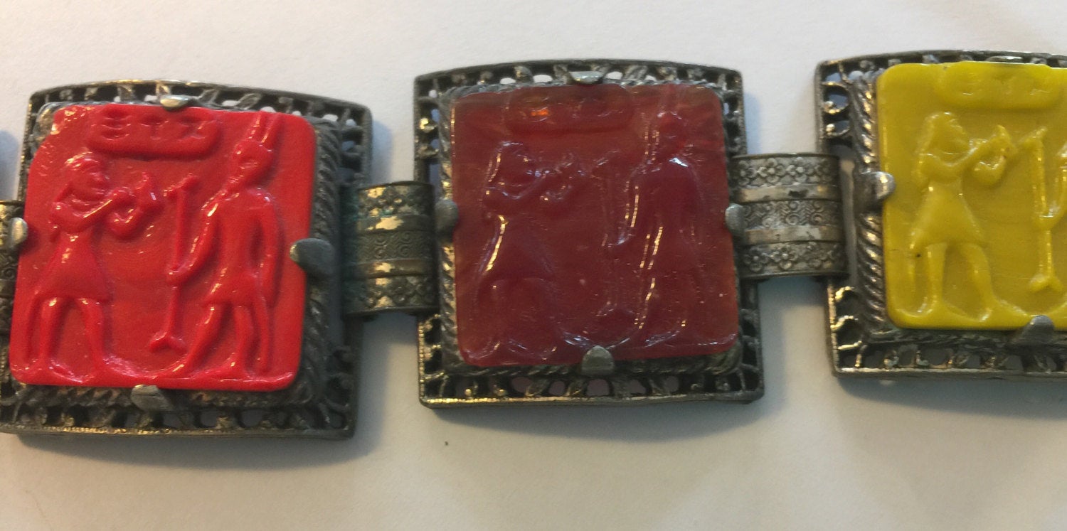 1930's Egyptian Style Multi Color Glass Tiles 8" long BRACELET
