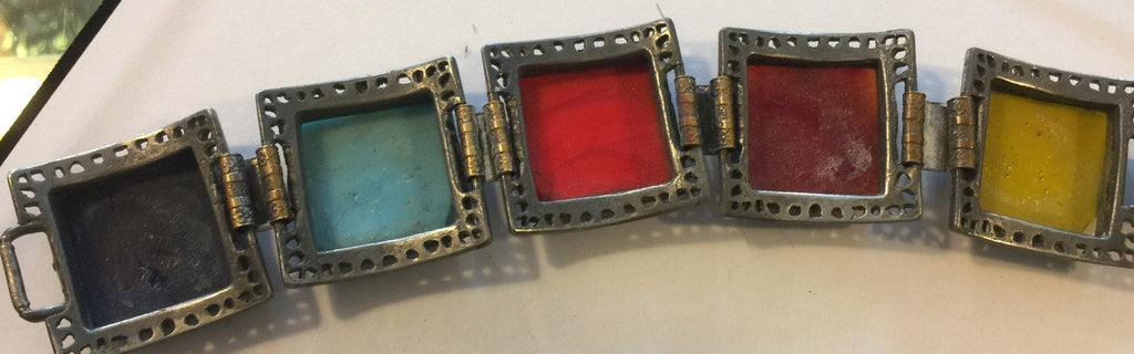 1930's Egyptian Style Multi Color Glass Tiles 8" long BRACELET