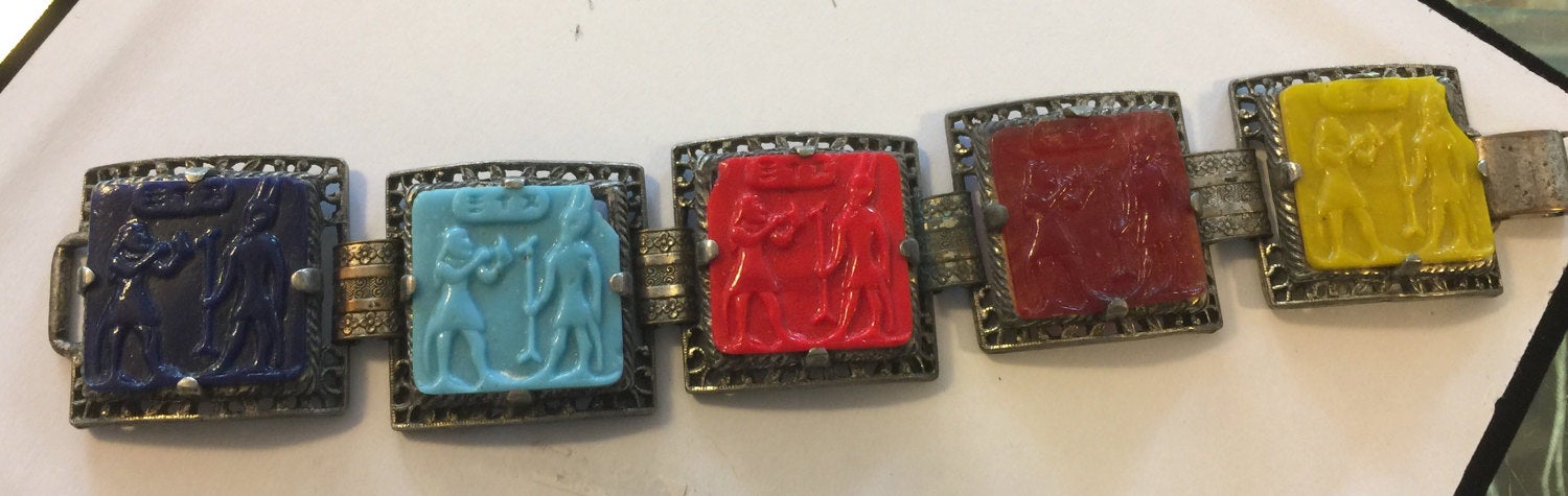 1930's Egyptian Style Multi Color Glass Tiles 8" long BRACELET