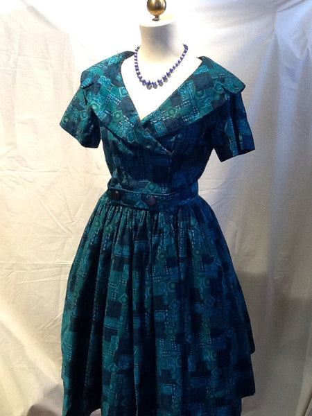VLV 60's Turquoise Batik print SMALL Full skirted dress