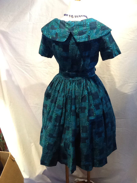 VLV 60's Turquoise Batik print SMALL Full skirted dress