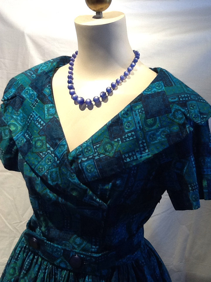 VLV 60's Turquoise Batik print SMALL Full skirted dress