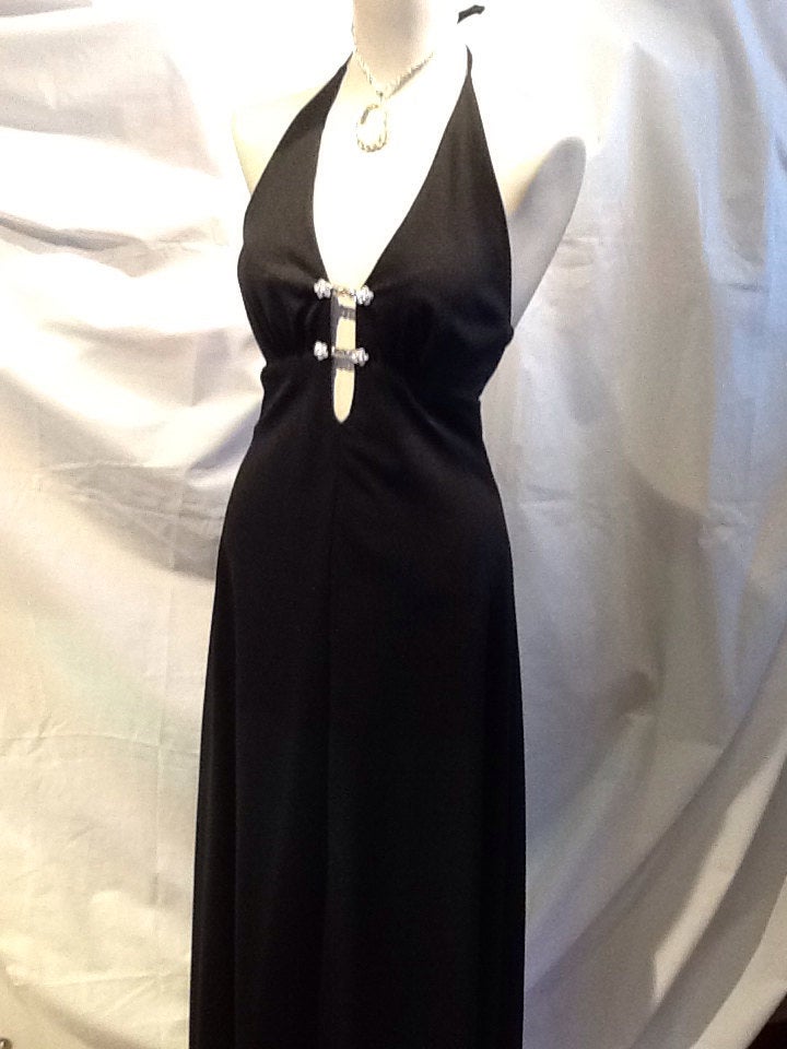 1970's  Sexy Black Long Dress with Rhinestones