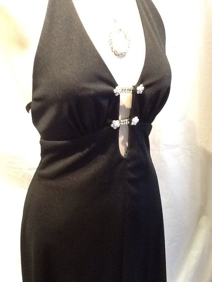 1970's  Sexy Black Long Dress with Rhinestones
